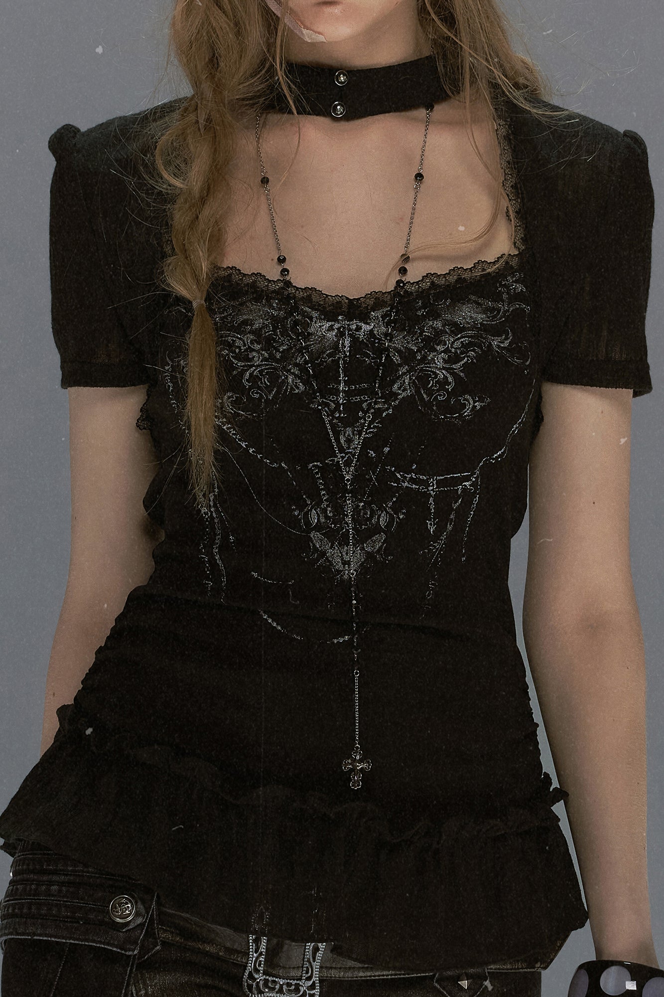 CESTNOUS Gothic Graphic Ruffle-Hem T-Shirt
