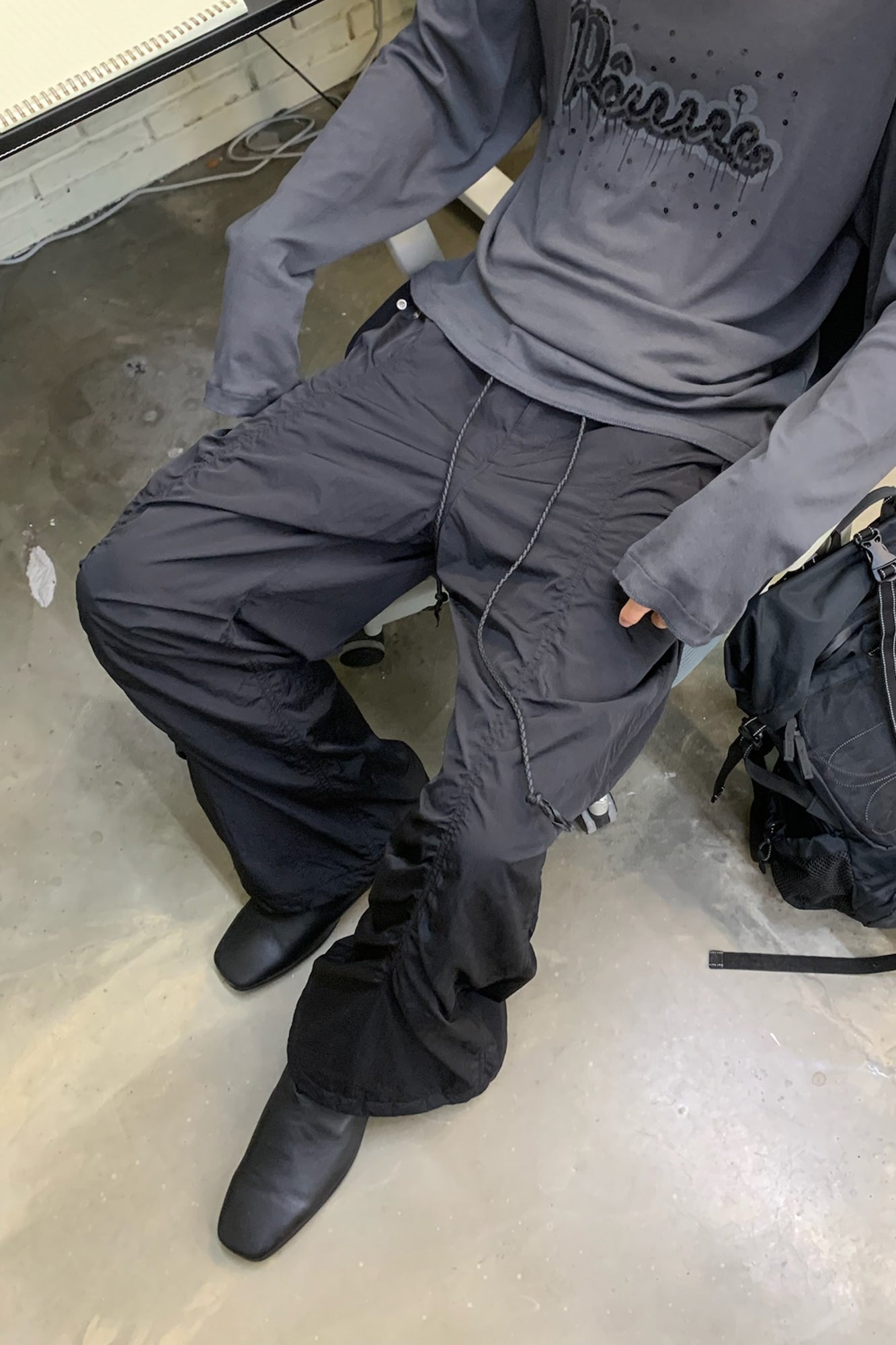 NEVERSEEZ Drawstring Ruched Wide-Leg Utility Pants