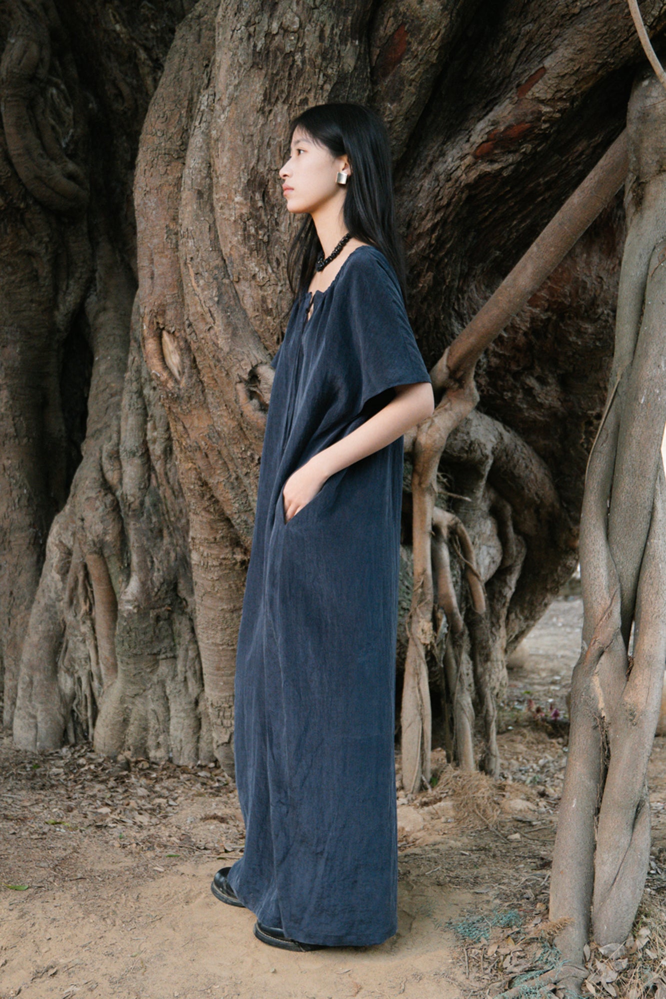CAIRA Washed Drawstring Neck Maxi Dress