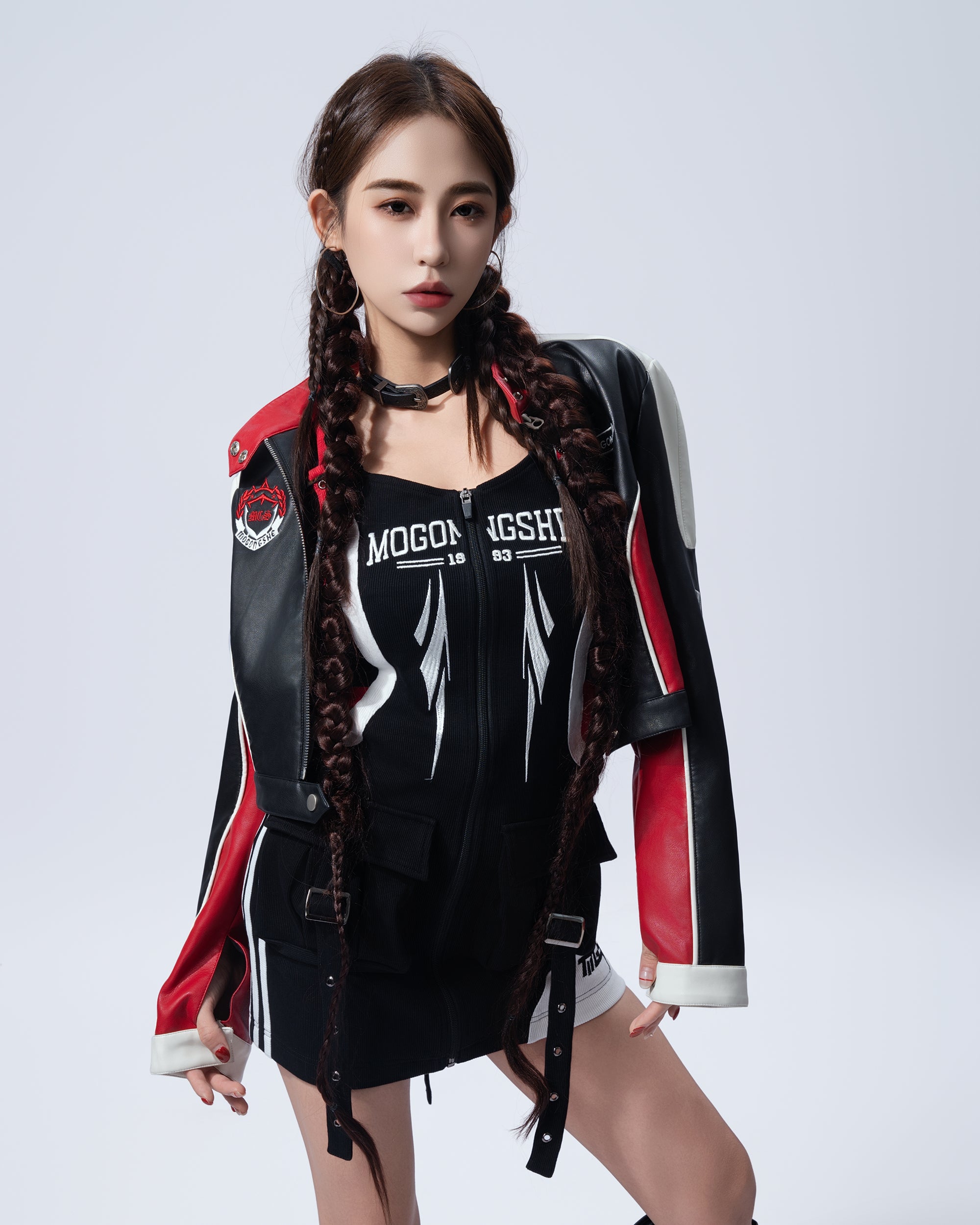 MOGONGSHE Contrast Spliced Faux Leather Moto Jacket