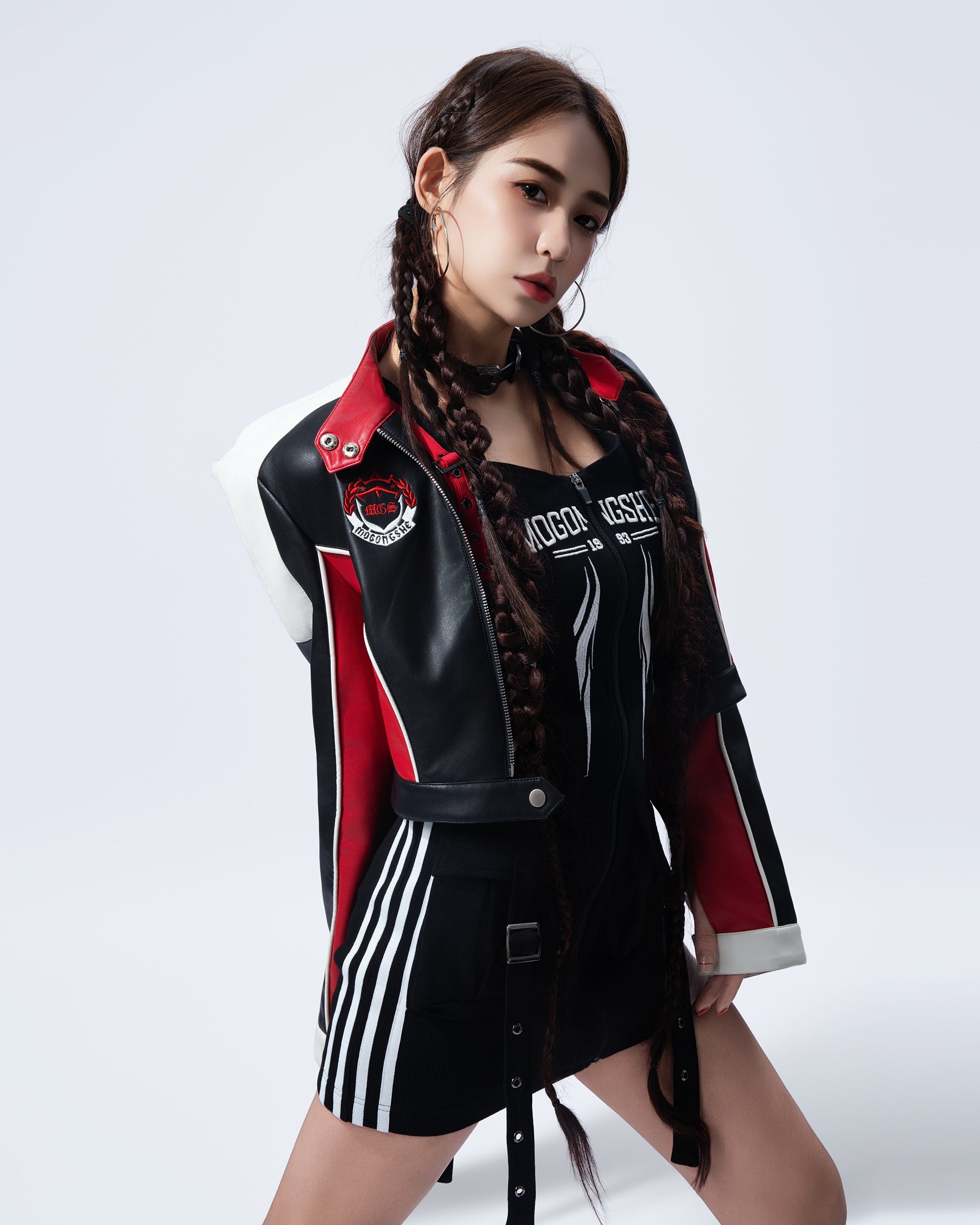MOGONGSHE Zip-Front Buckle-Strap Racing Mini Dress