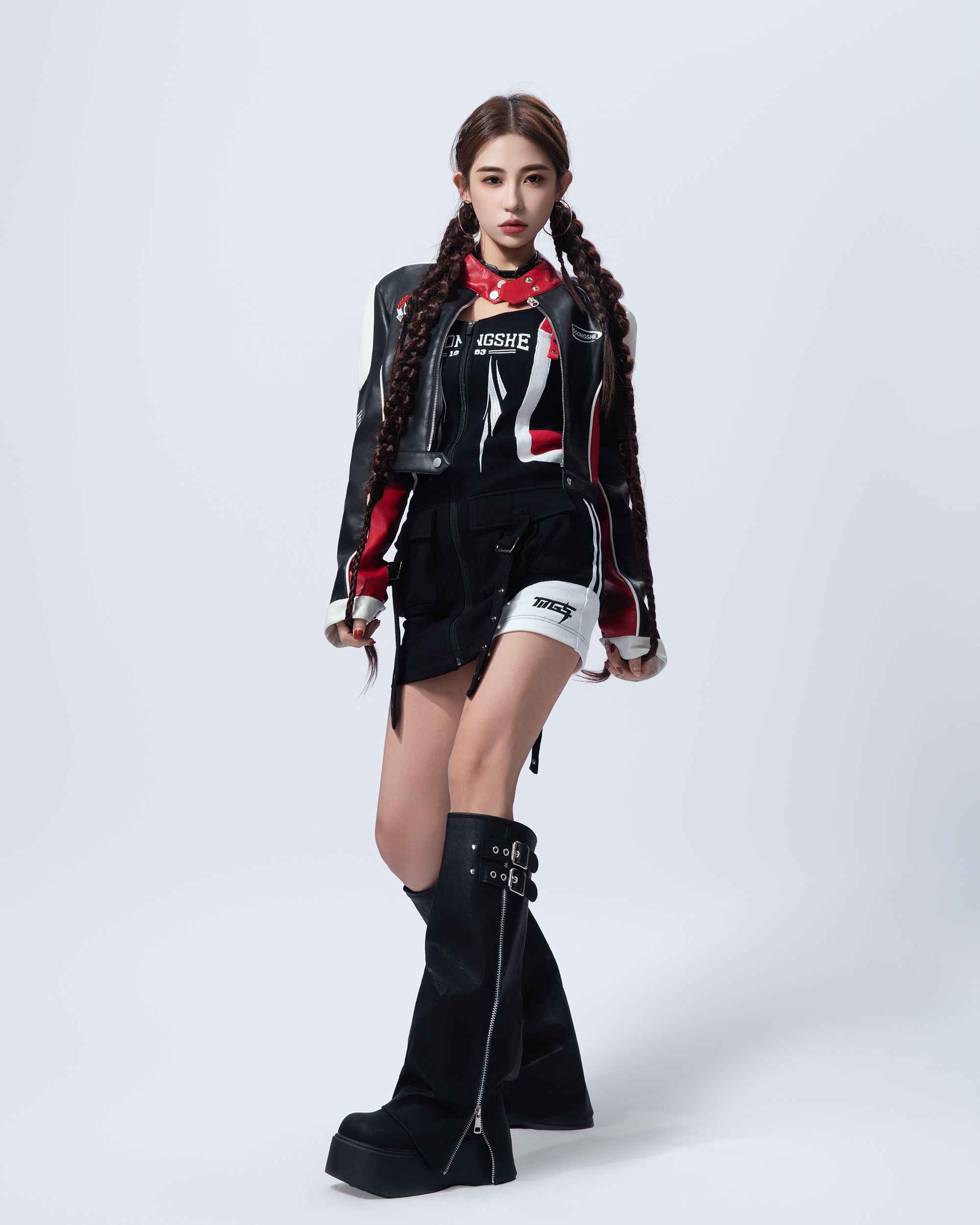 MOGONGSHE Contrast Spliced Faux Leather Moto Jacket