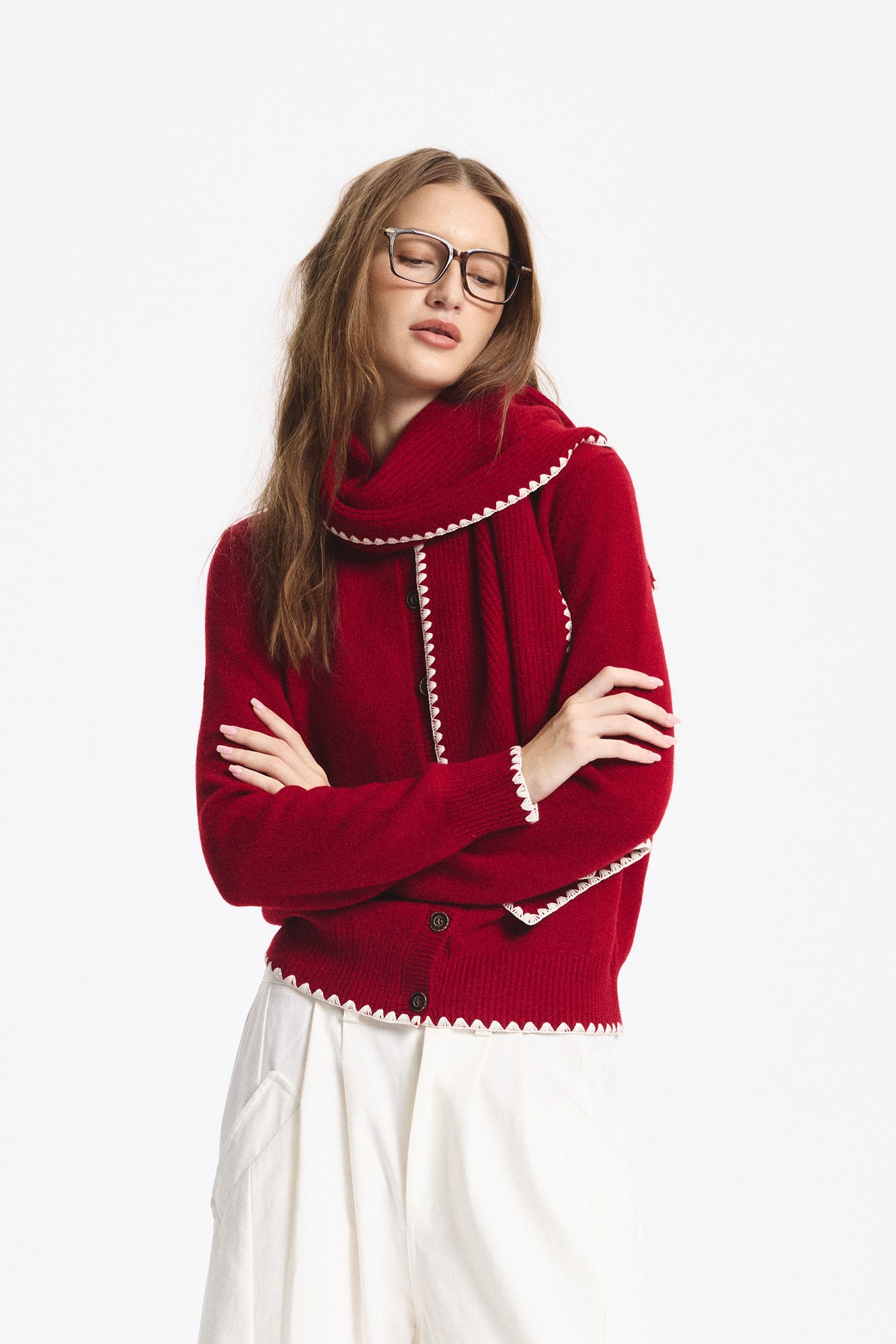 LEONSENSE Contrast-Trim Button Cardigan & Scarf Set