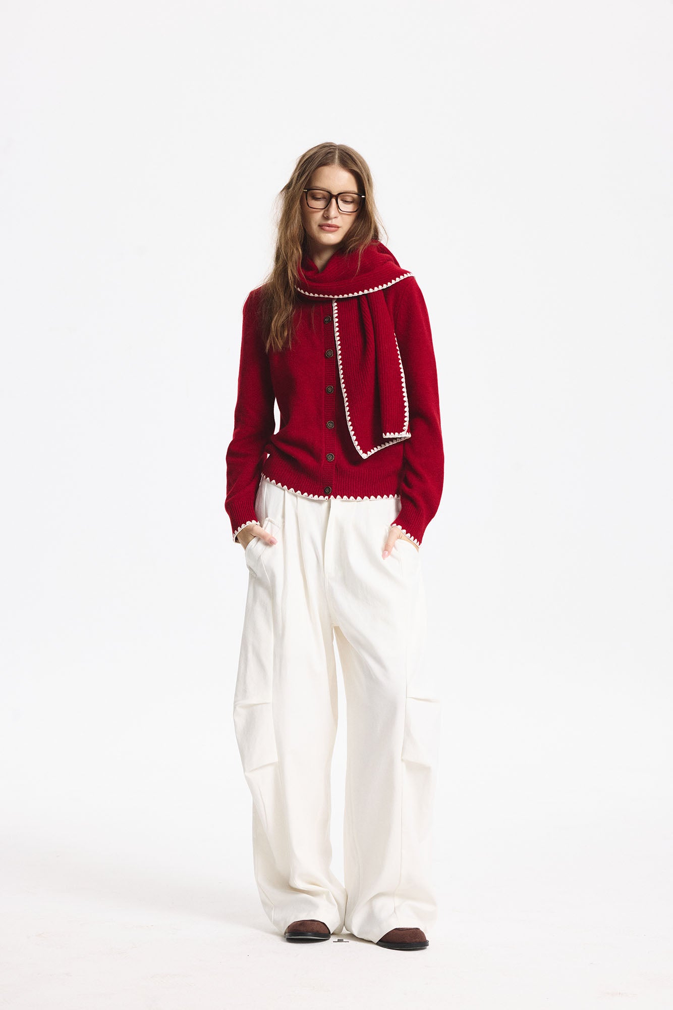 LEONSENSE Contrast-Trim Button Cardigan & Scarf Set
