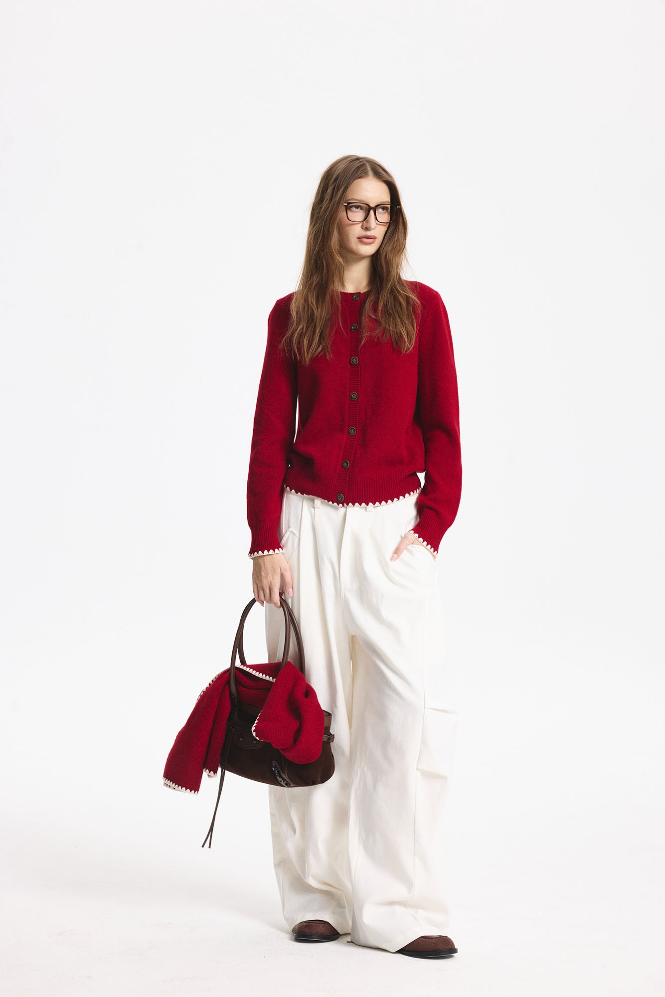 LEONSENSE Contrast-Trim Button Cardigan & Scarf Set