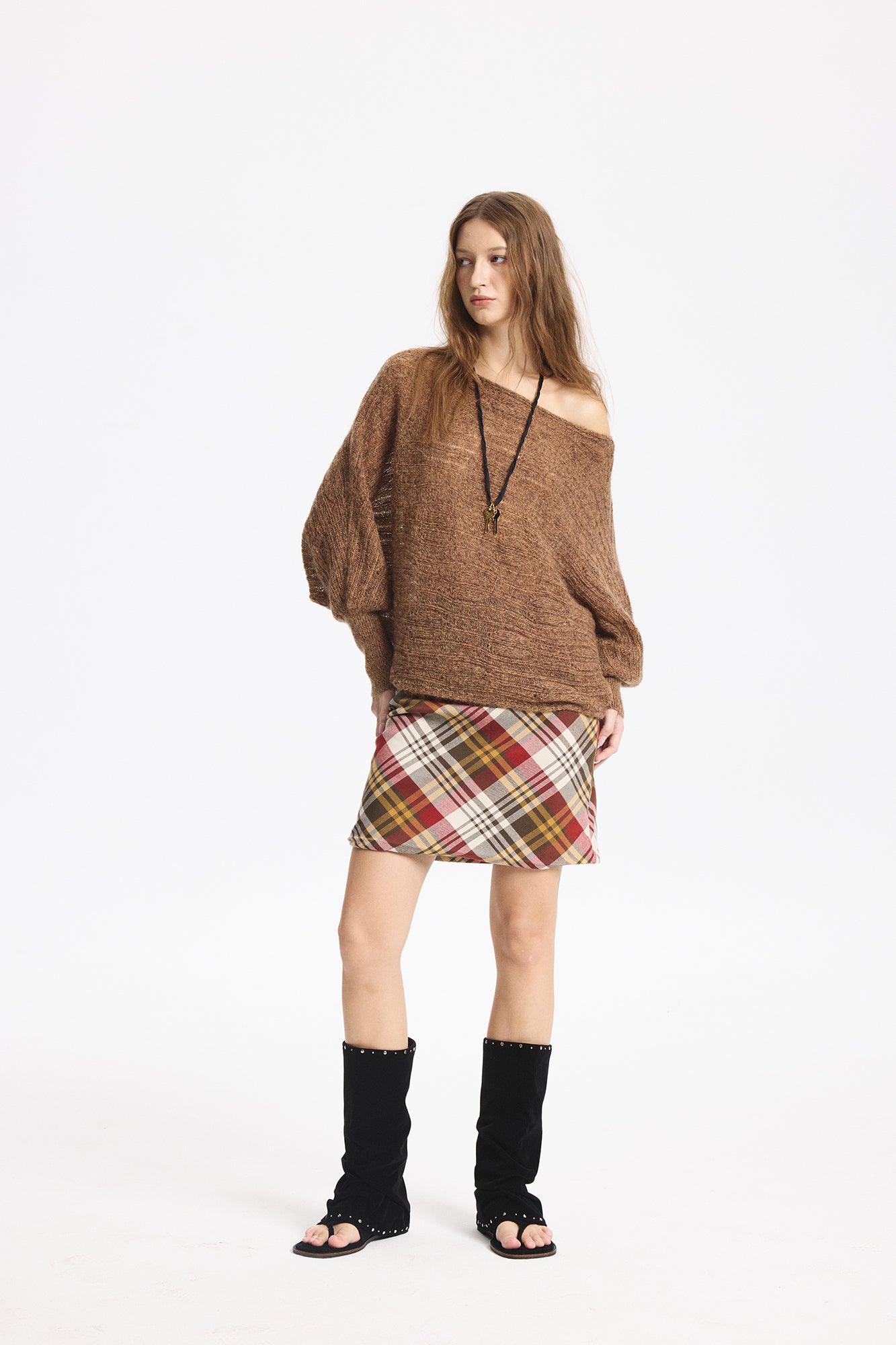 LEONSENSE Sheer One-Shoulder Slouchy Sweater