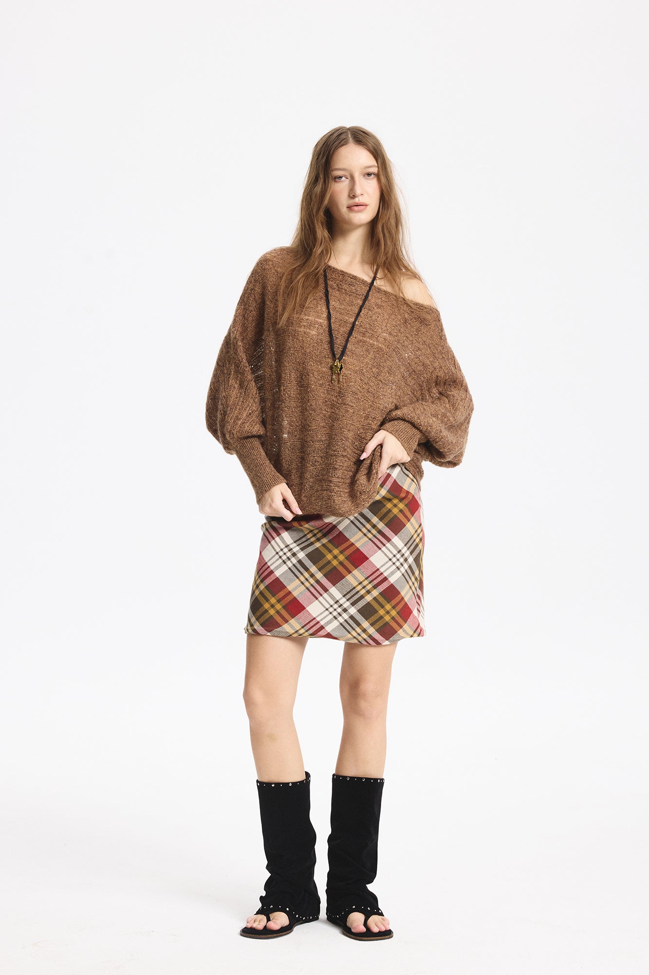 LEONSENSE Sheer One-Shoulder Slouchy Sweater