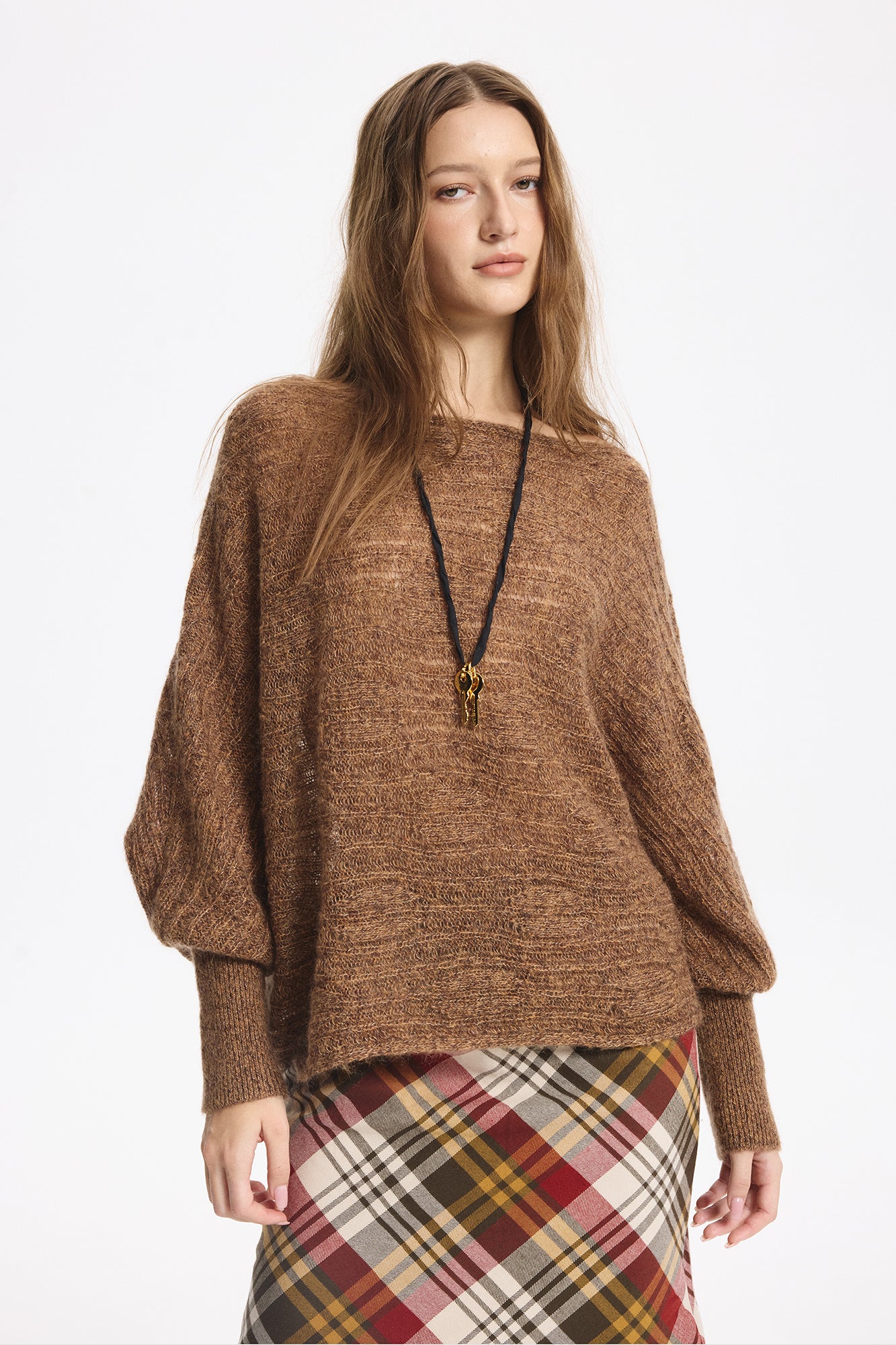 LEONSENSE Sheer One-Shoulder Slouchy Sweater