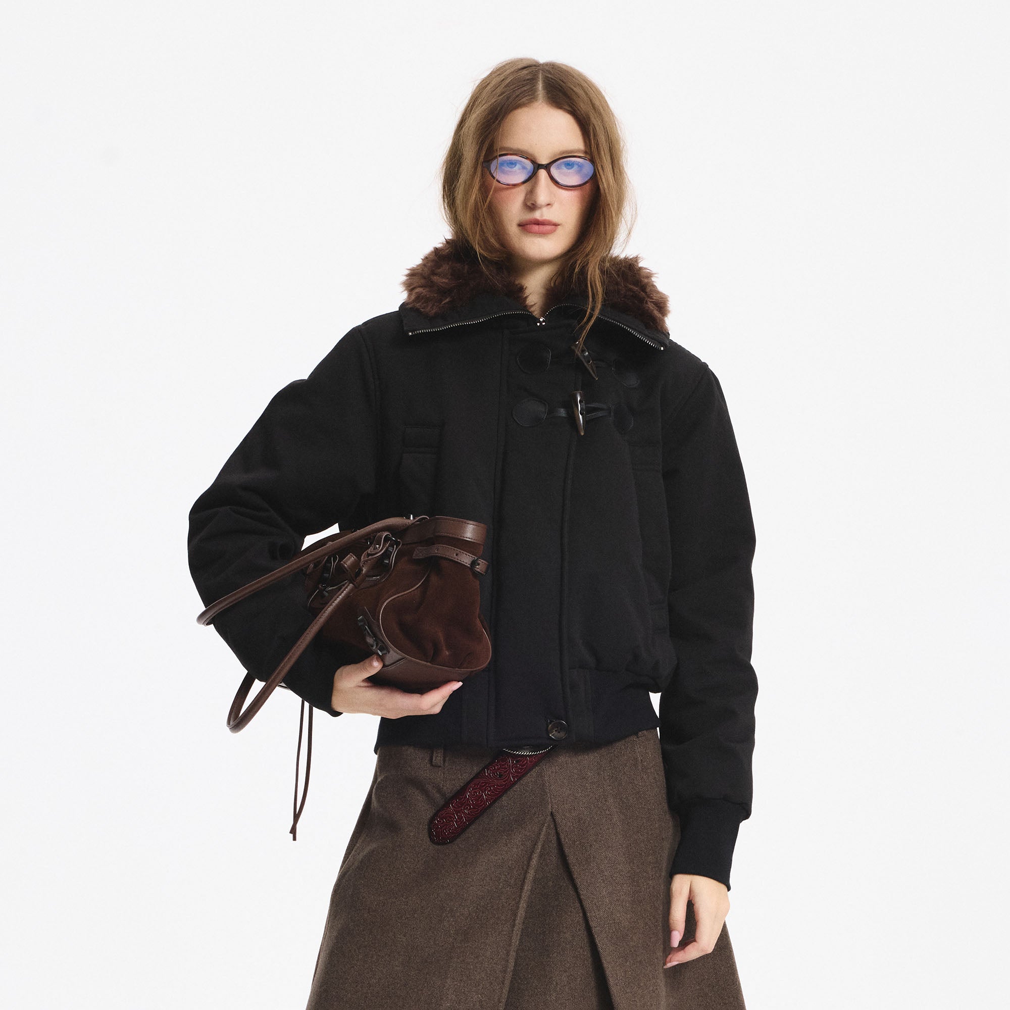 LEONSENSE Faux Fur Collar Toggle Cropped Bomber