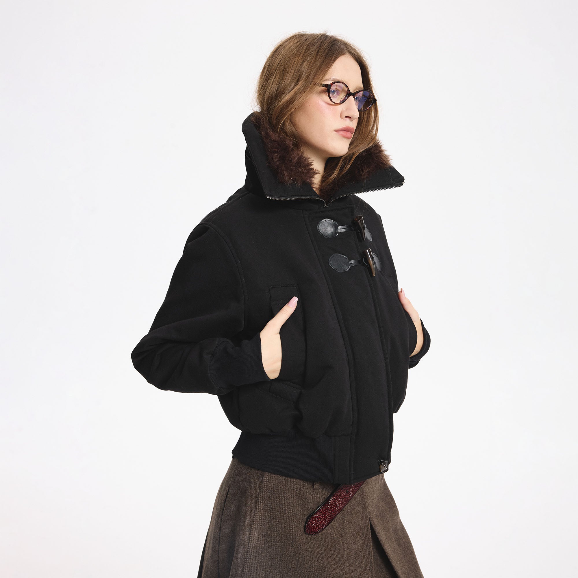 LEONSENSE Faux Fur Collar Toggle Cropped Bomber