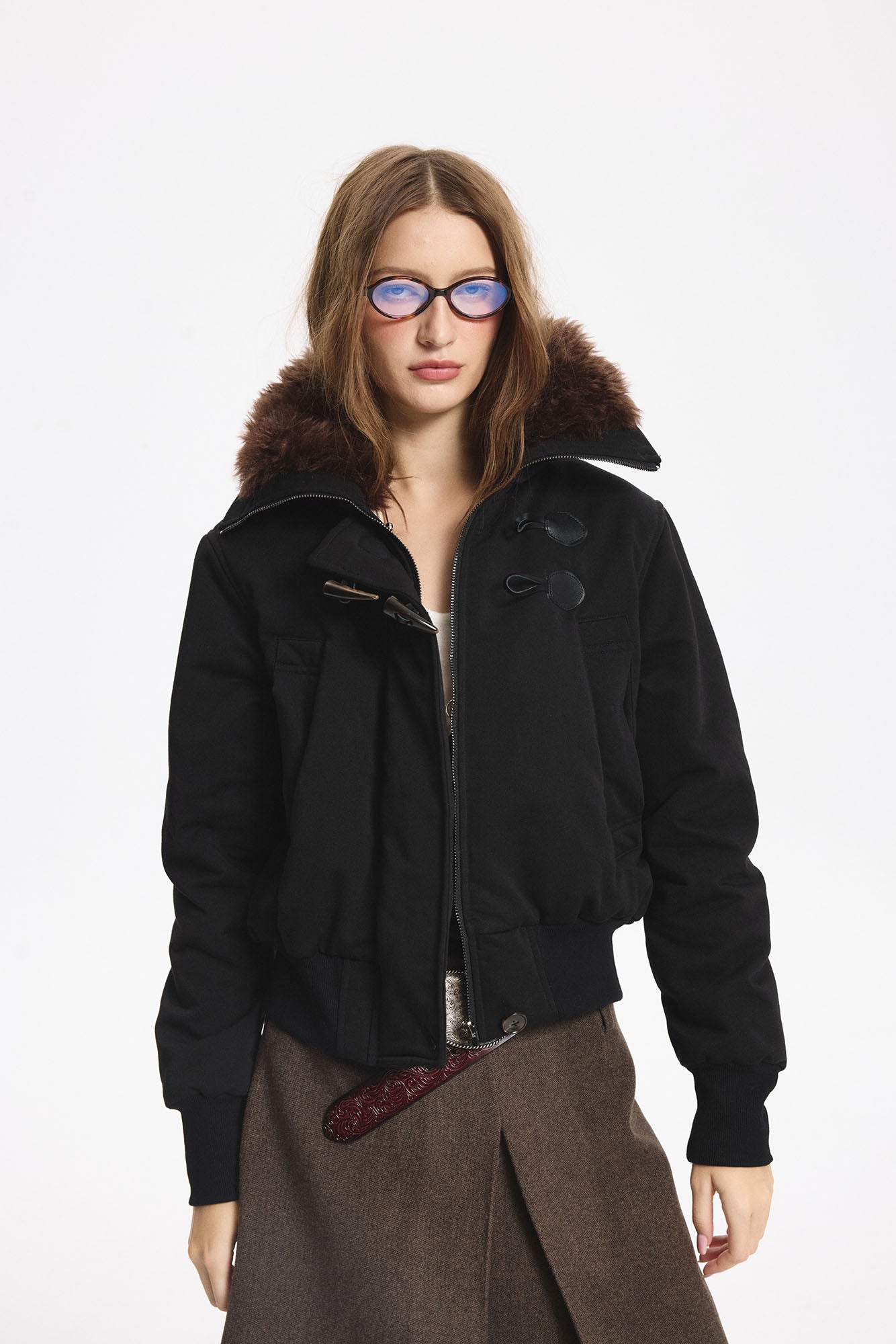 LEONSENSE Faux Fur Collar Toggle Cropped Bomber