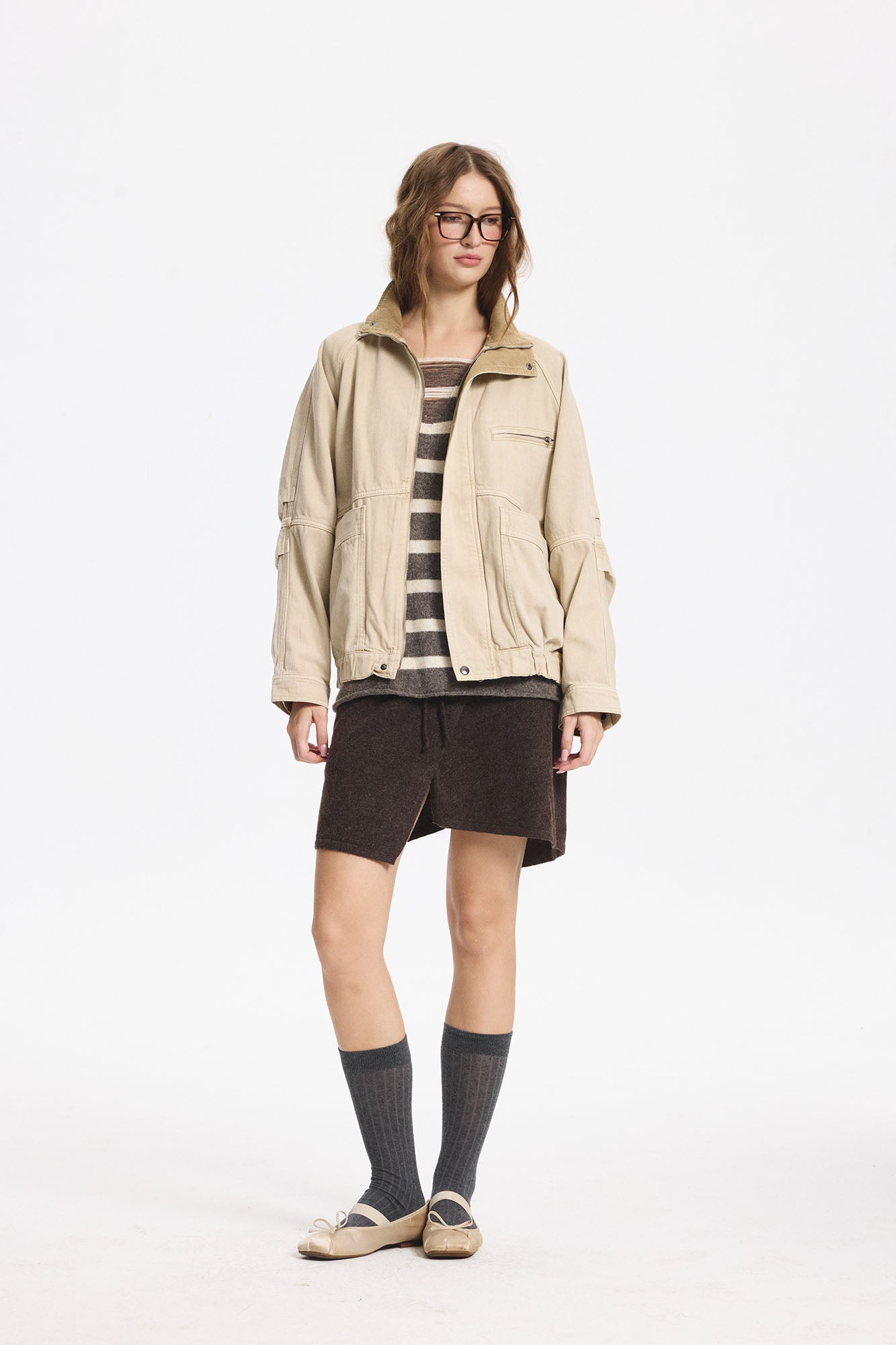 LEONSENSE Utility Raglan Stand-Collar Denim Jacket