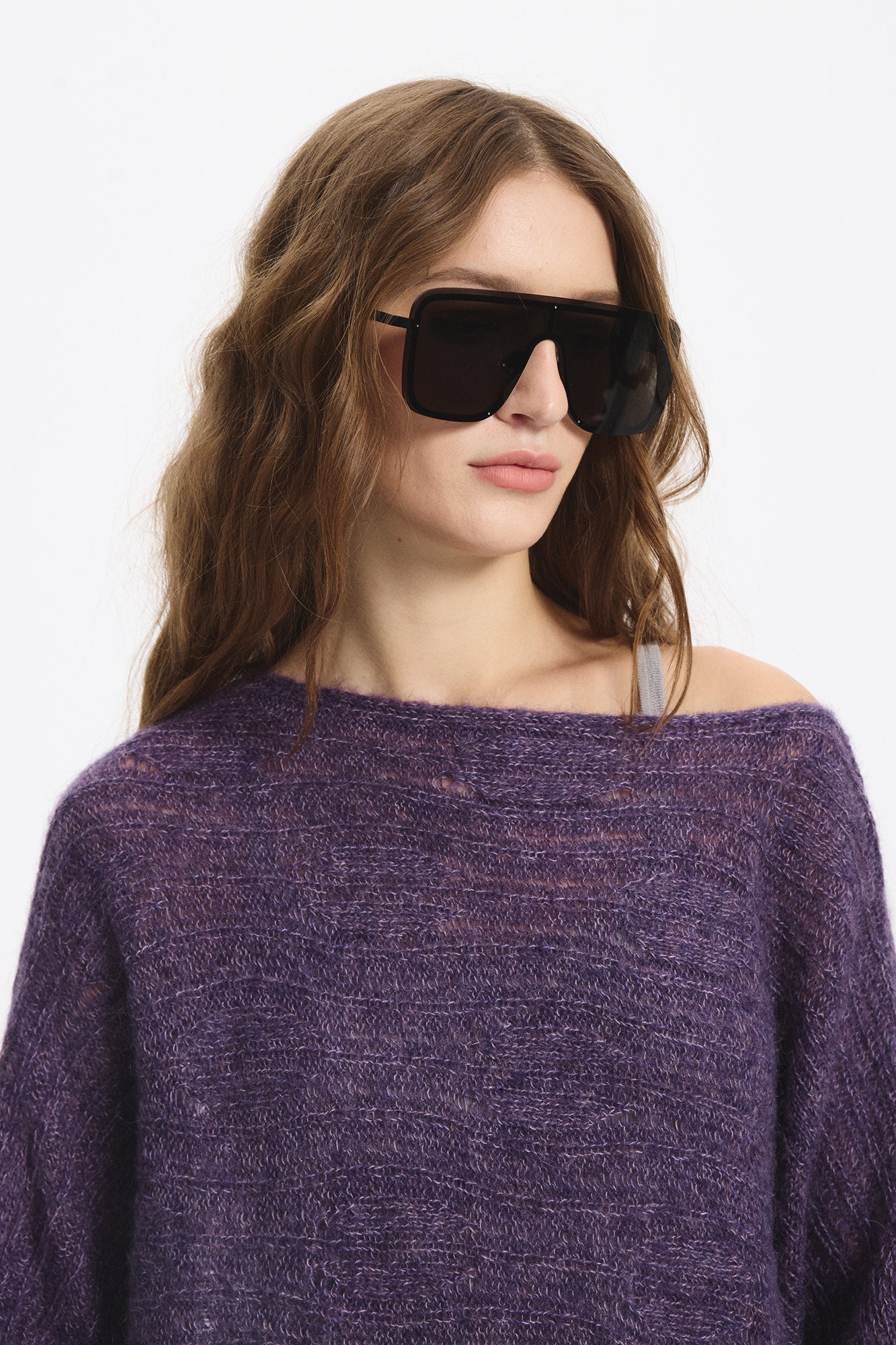 LEONSENSE Sheer One-Shoulder Slouchy Sweater