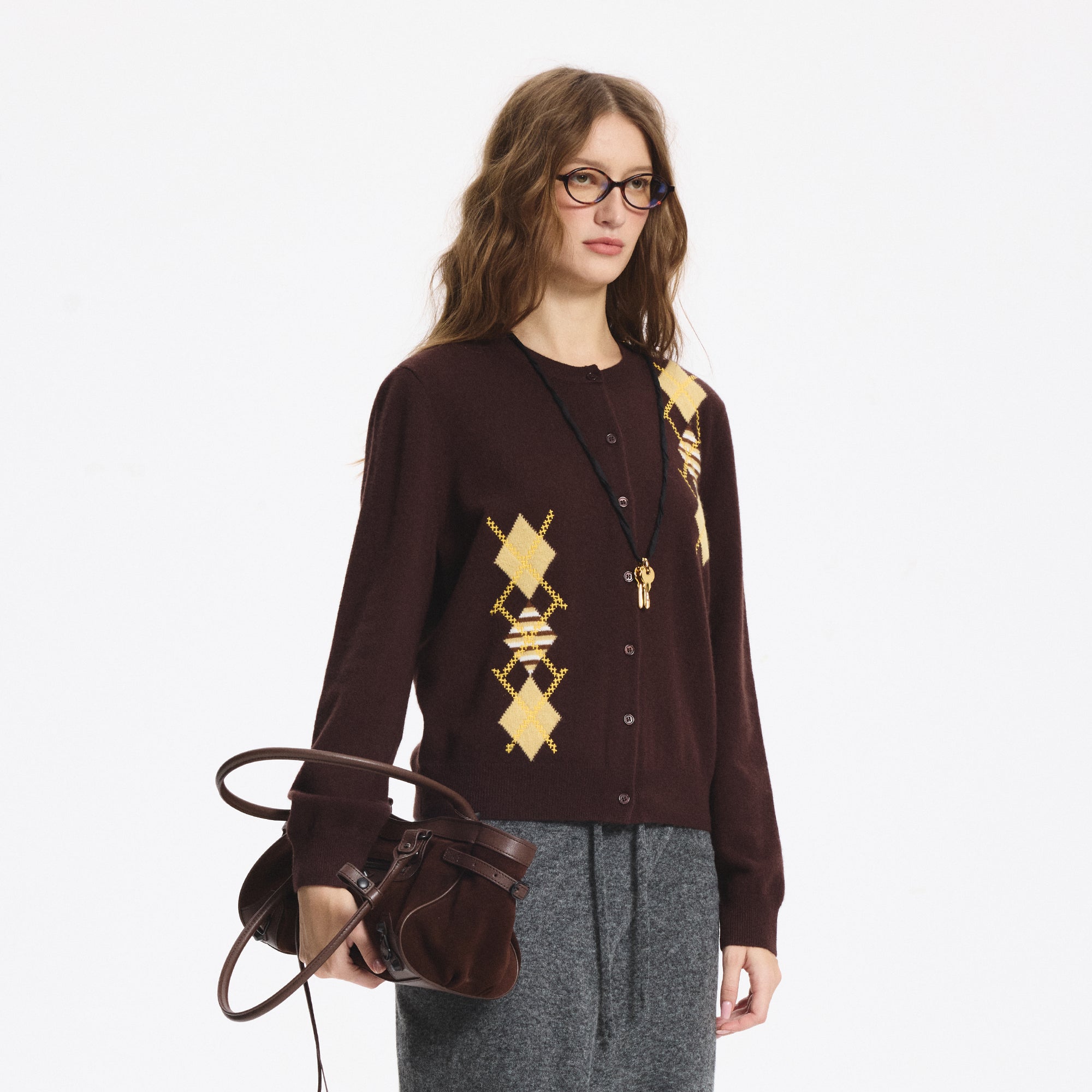 LEONSENSE Contrast Argyle Jacquard Wool Cardigan