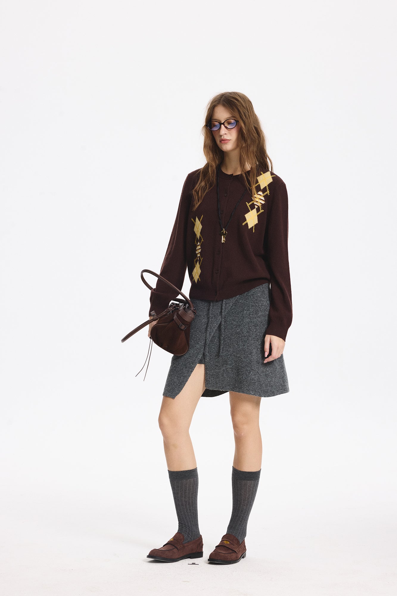 LEONSENSE Contrast Argyle Jacquard Wool Cardigan