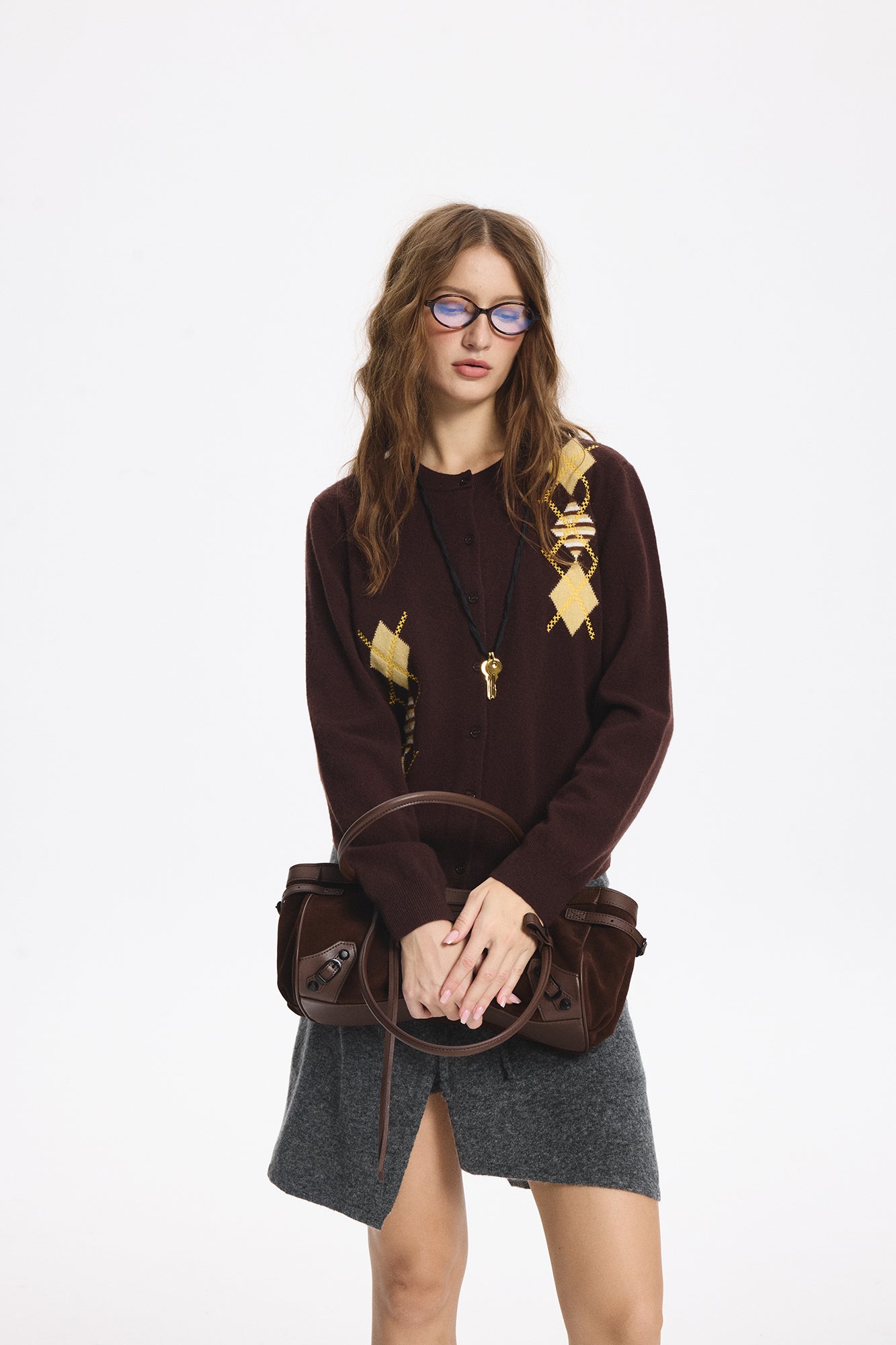 LEONSENSE Contrast Argyle Jacquard Wool Cardigan