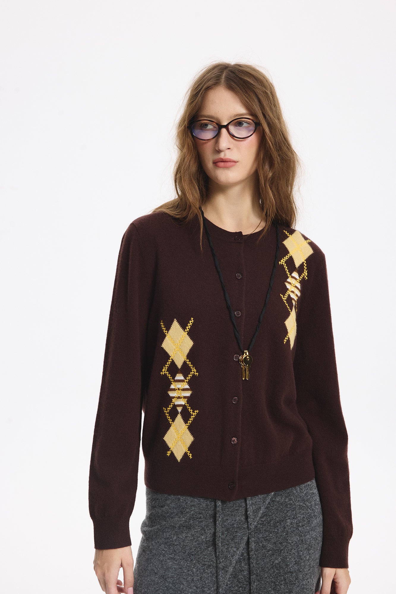 LEONSENSE Contrast Argyle Jacquard Wool Cardigan