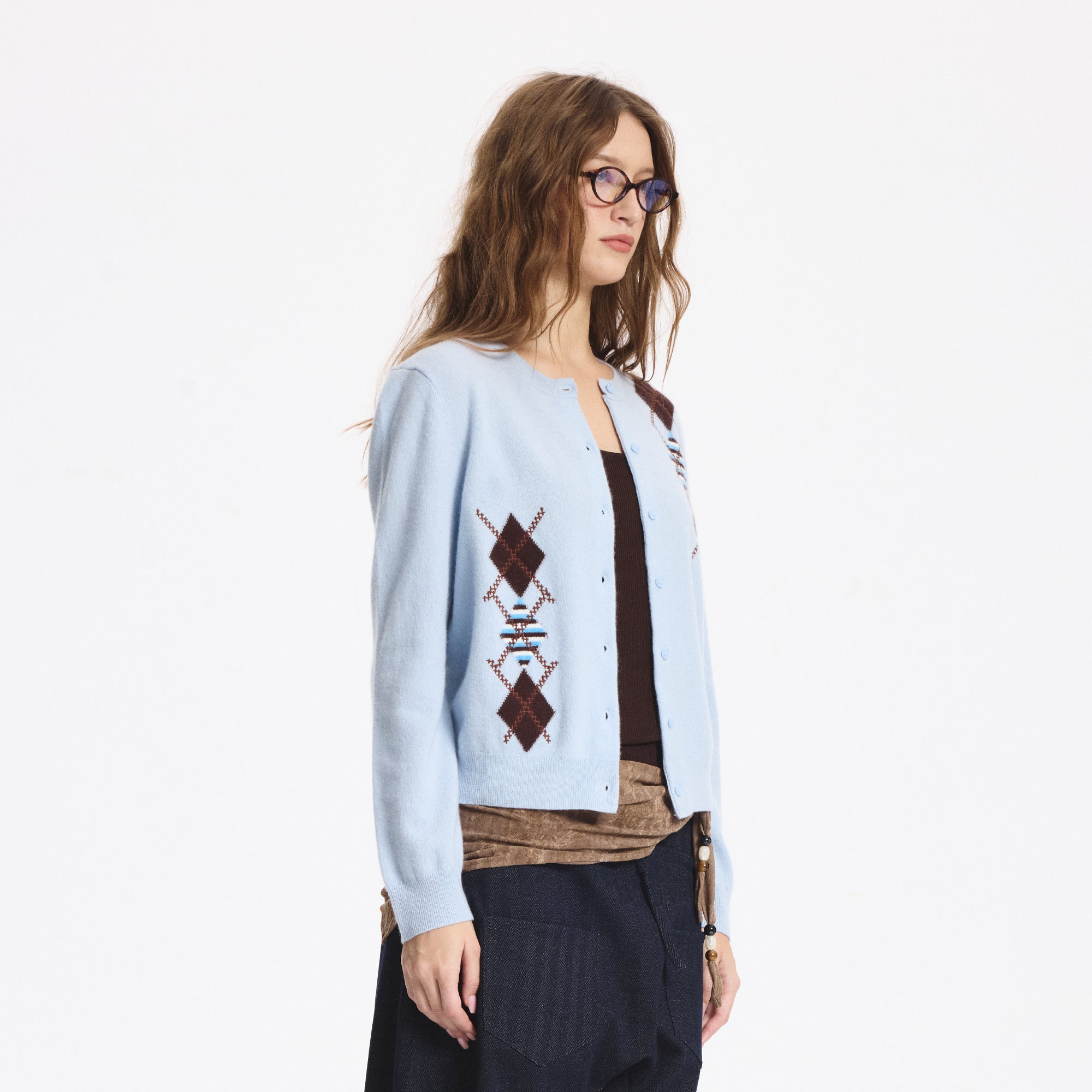 LEONSENSE Contrast Argyle Jacquard Wool Cardigan