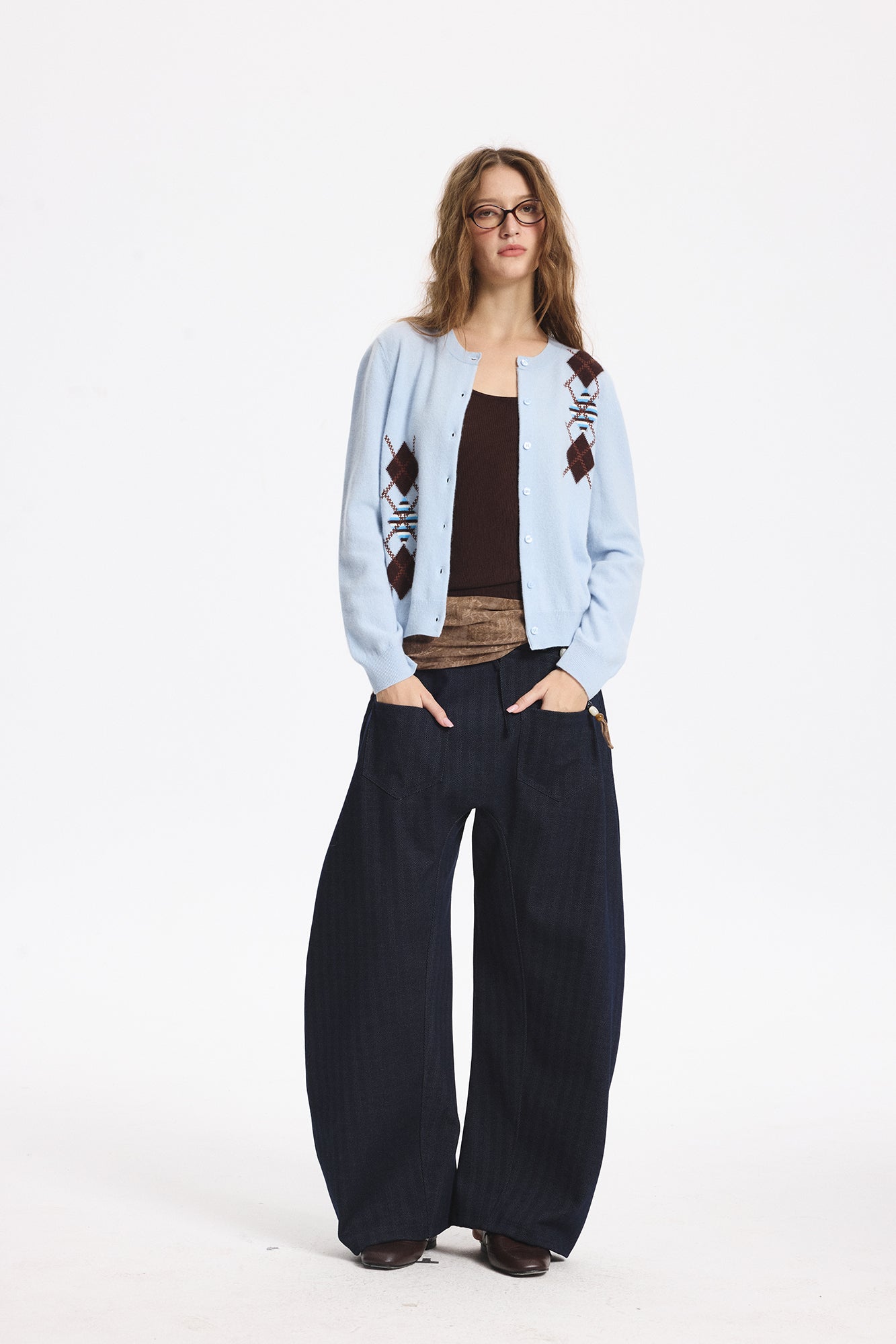 LEONSENSE Contrast Argyle Jacquard Wool Cardigan