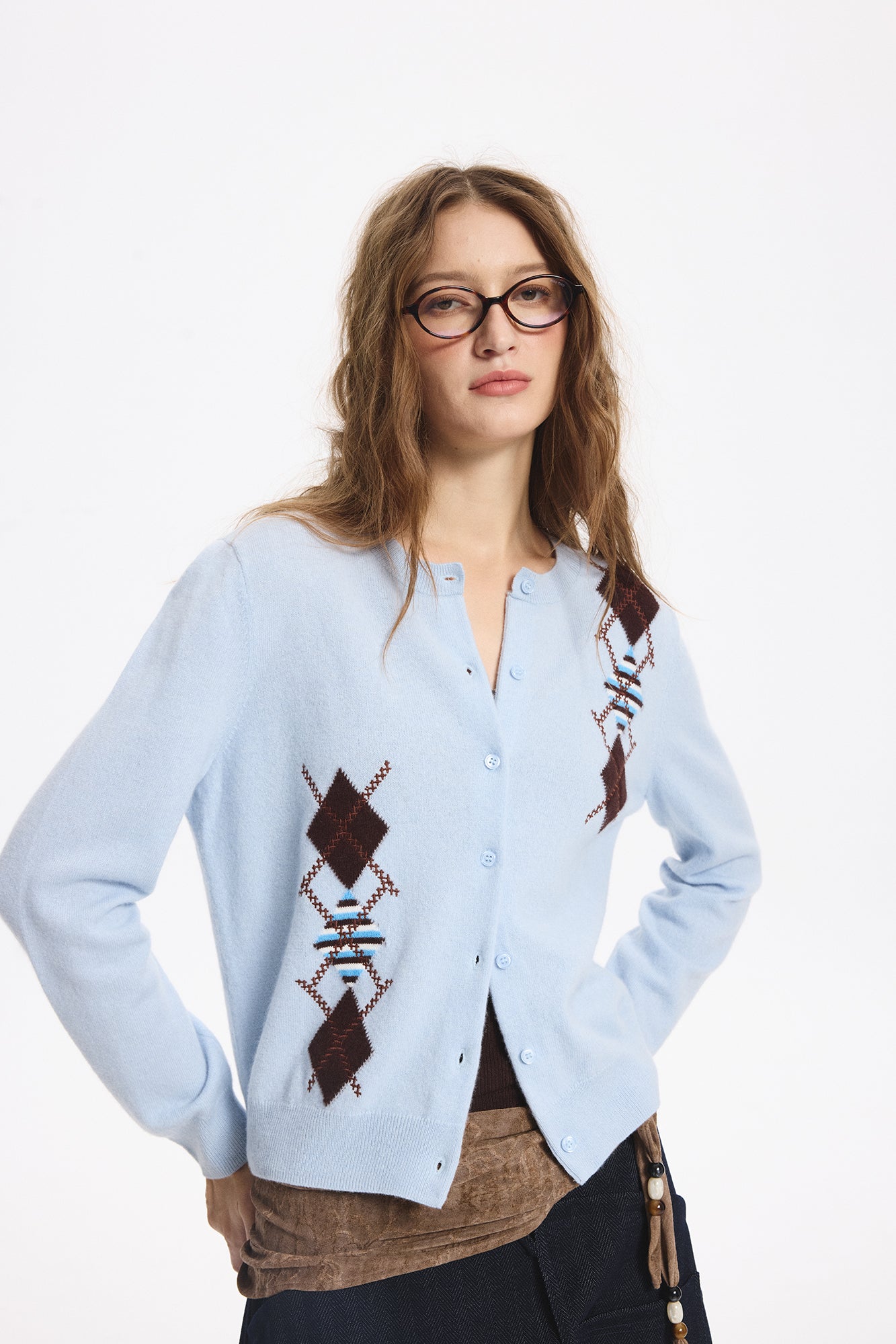 LEONSENSE Contrast Argyle Jacquard Wool Cardigan