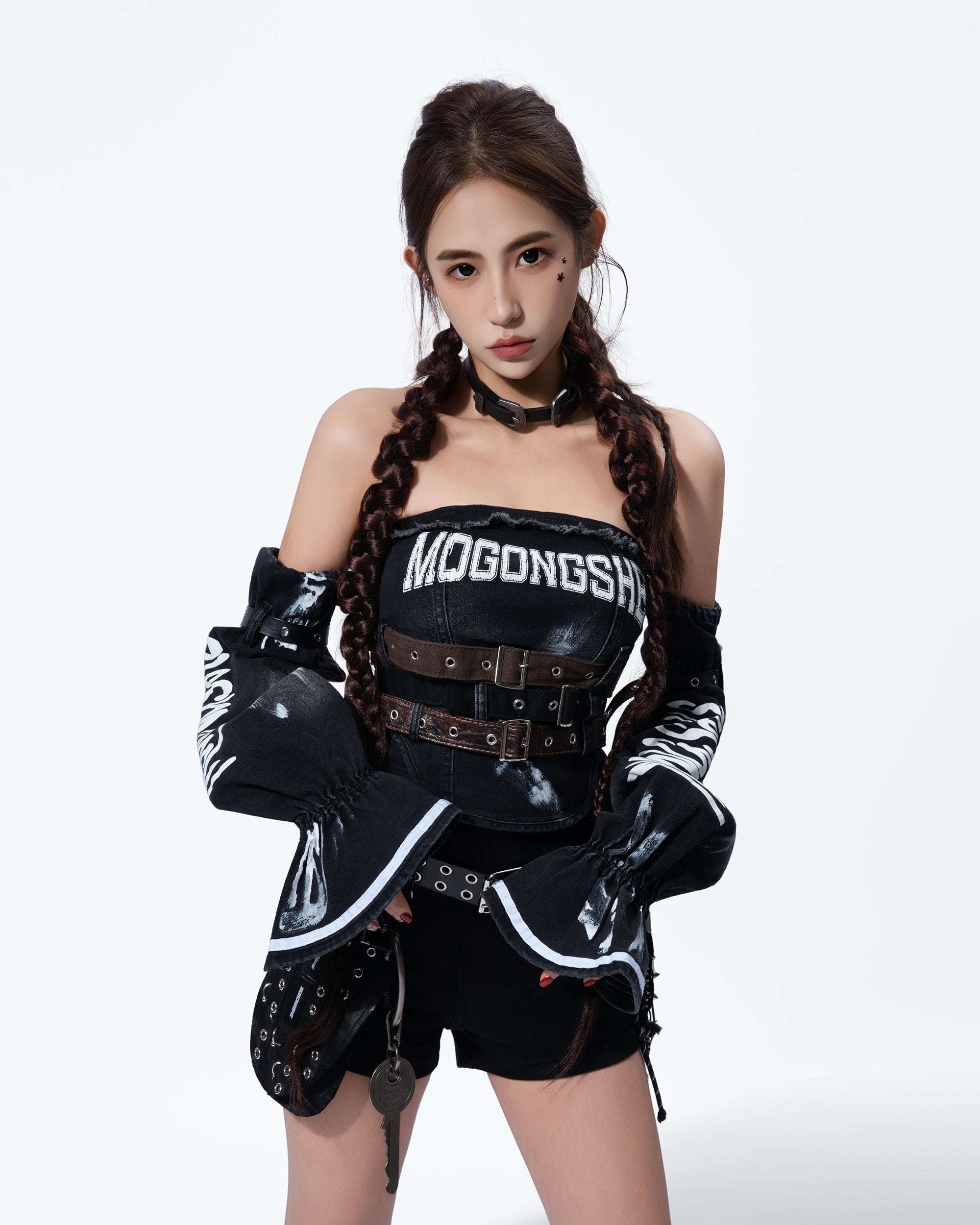 MOGONGSHE Detachable Sleeves Buckled Corset Top