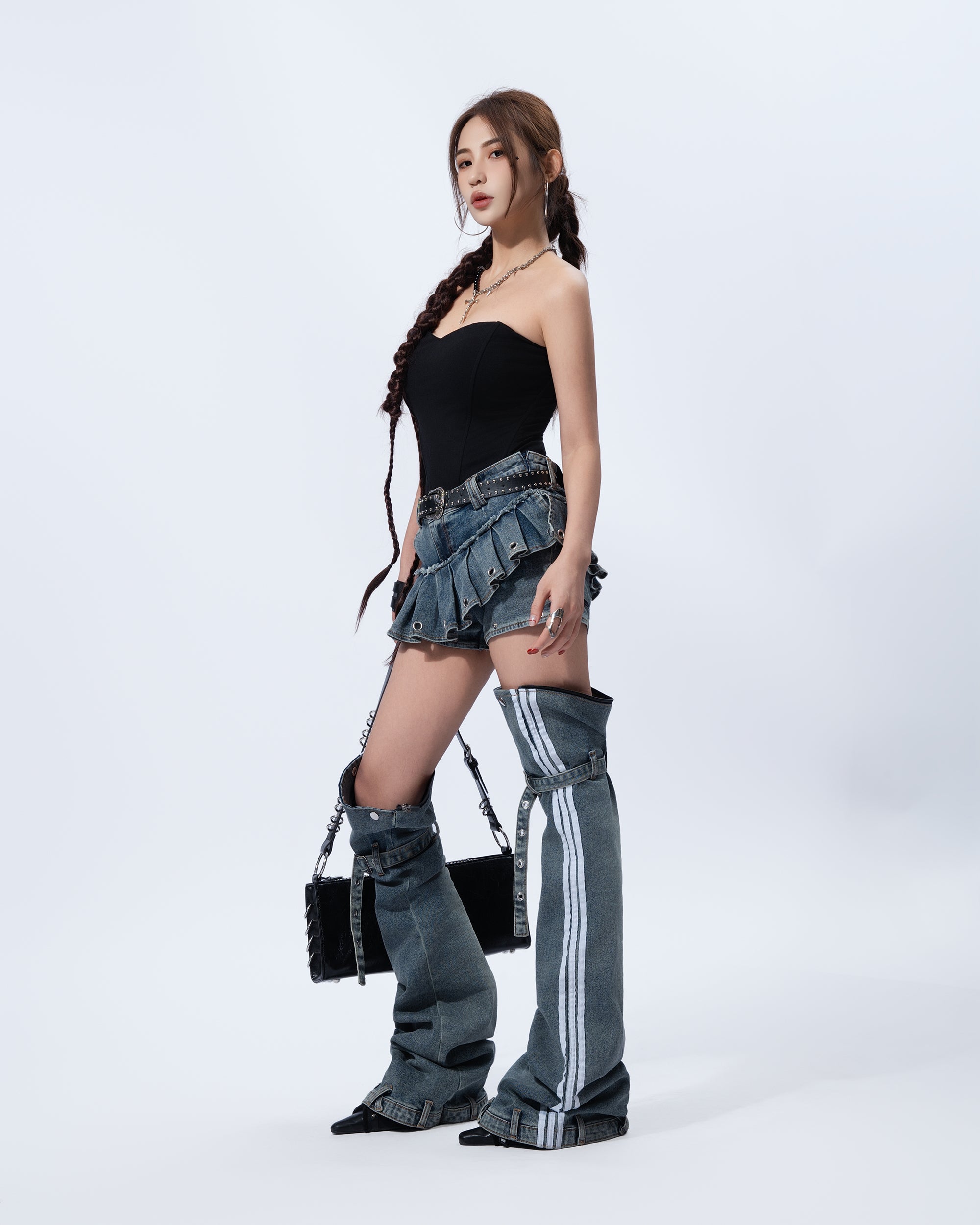 MOGONGSHE Washed Skirt-Layer Detachable Flared Jeans