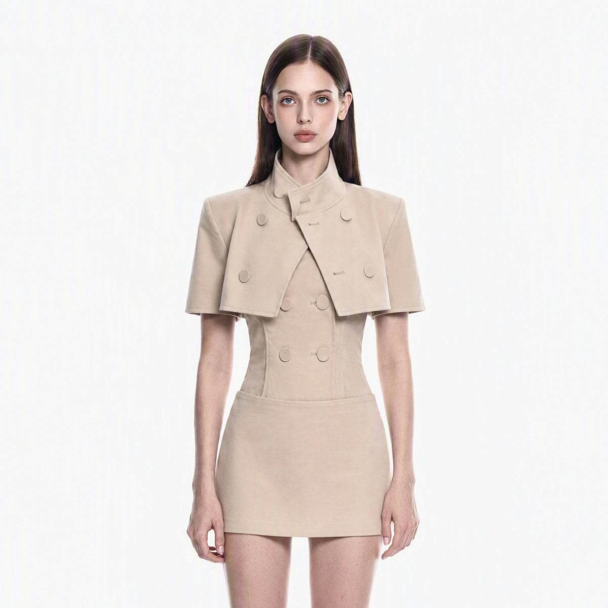 MILLIONLOTUS Military Cropped Cape Jacket & Bandeau Top & Mini Skirt Set