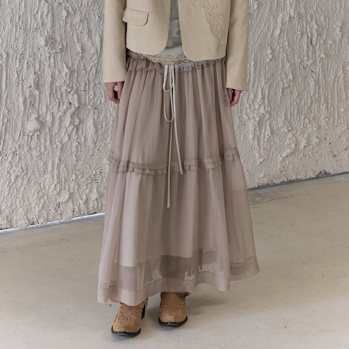 CHANGGUANG YUANZI Spliced Lace Drawstring Flared Skirt
