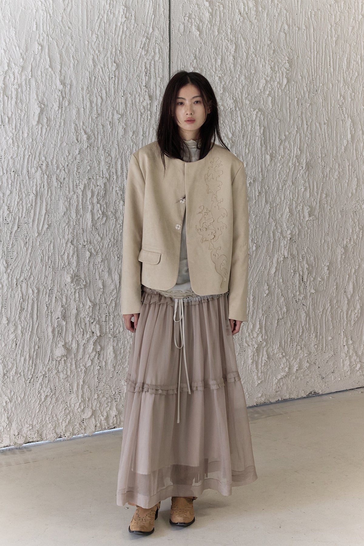 CHANGGUANG YUANZI Spliced Lace Drawstring Flared Skirt