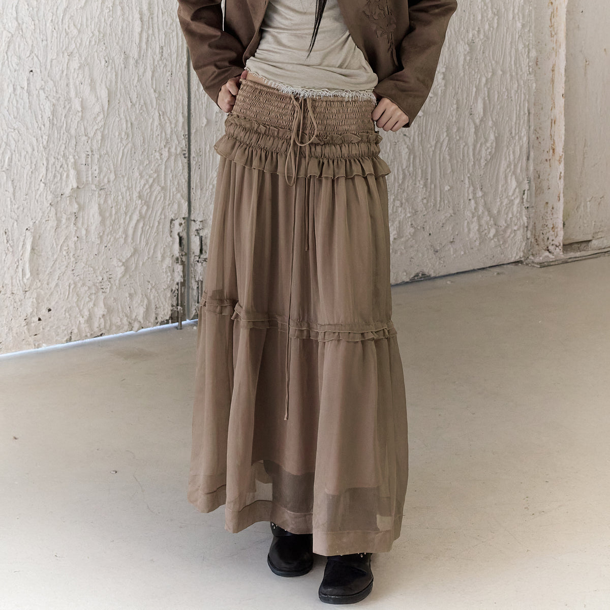 CHANGGUANG YUANZI Spliced Lace Drawstring Flared Skirt