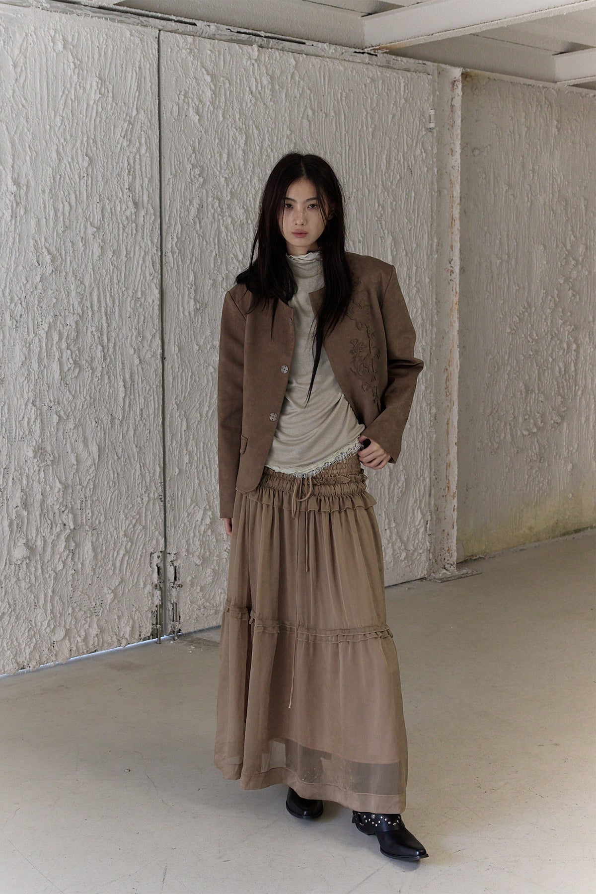 CHANGGUANG YUANZI Spliced Lace Drawstring Flared Skirt