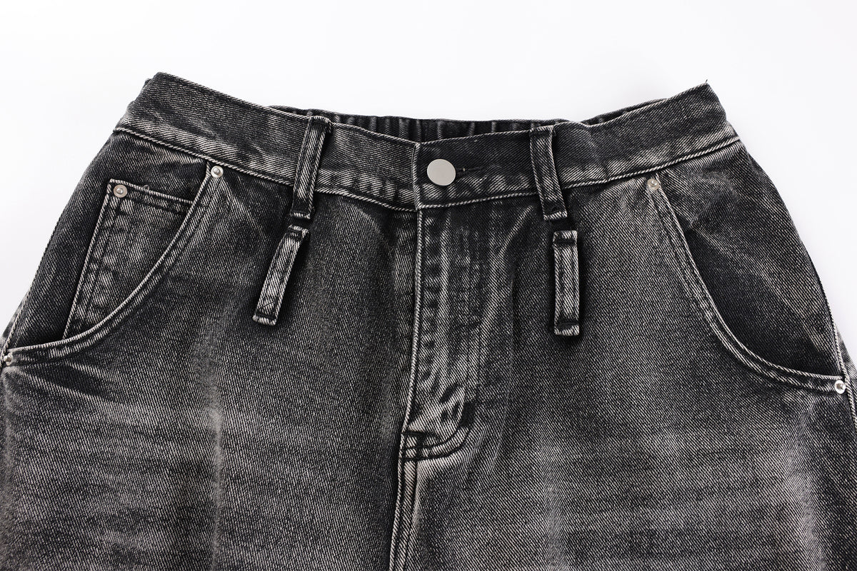 FREE CENTER Distressed Washed Curve Wide-Leg Jeans