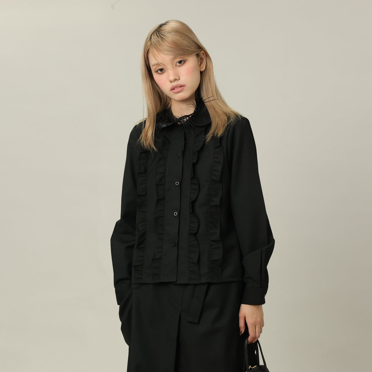 UDON Ruffle-Trim Button-Up Blouse