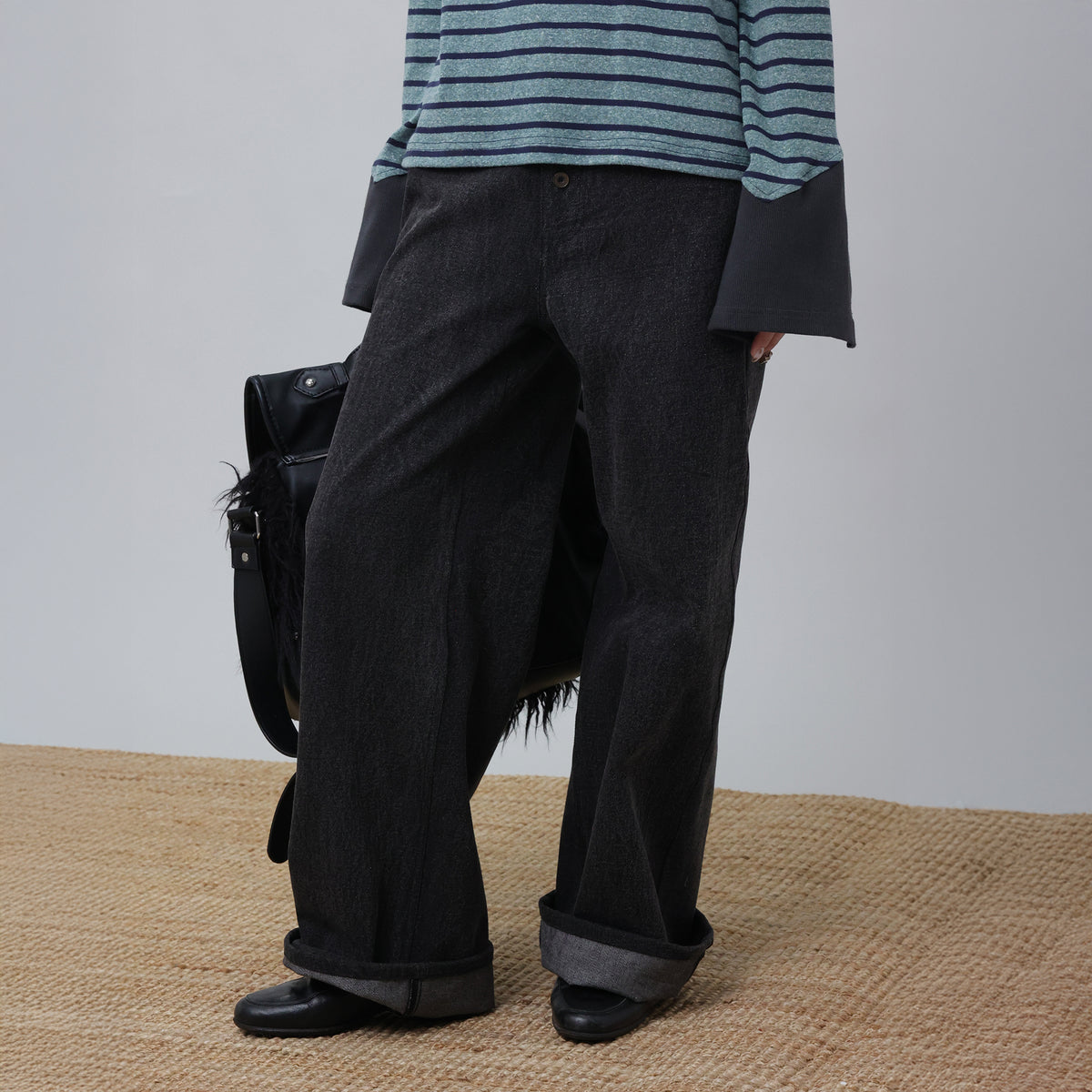 UDON Washed Button-Fly Wide-Leg Jeans