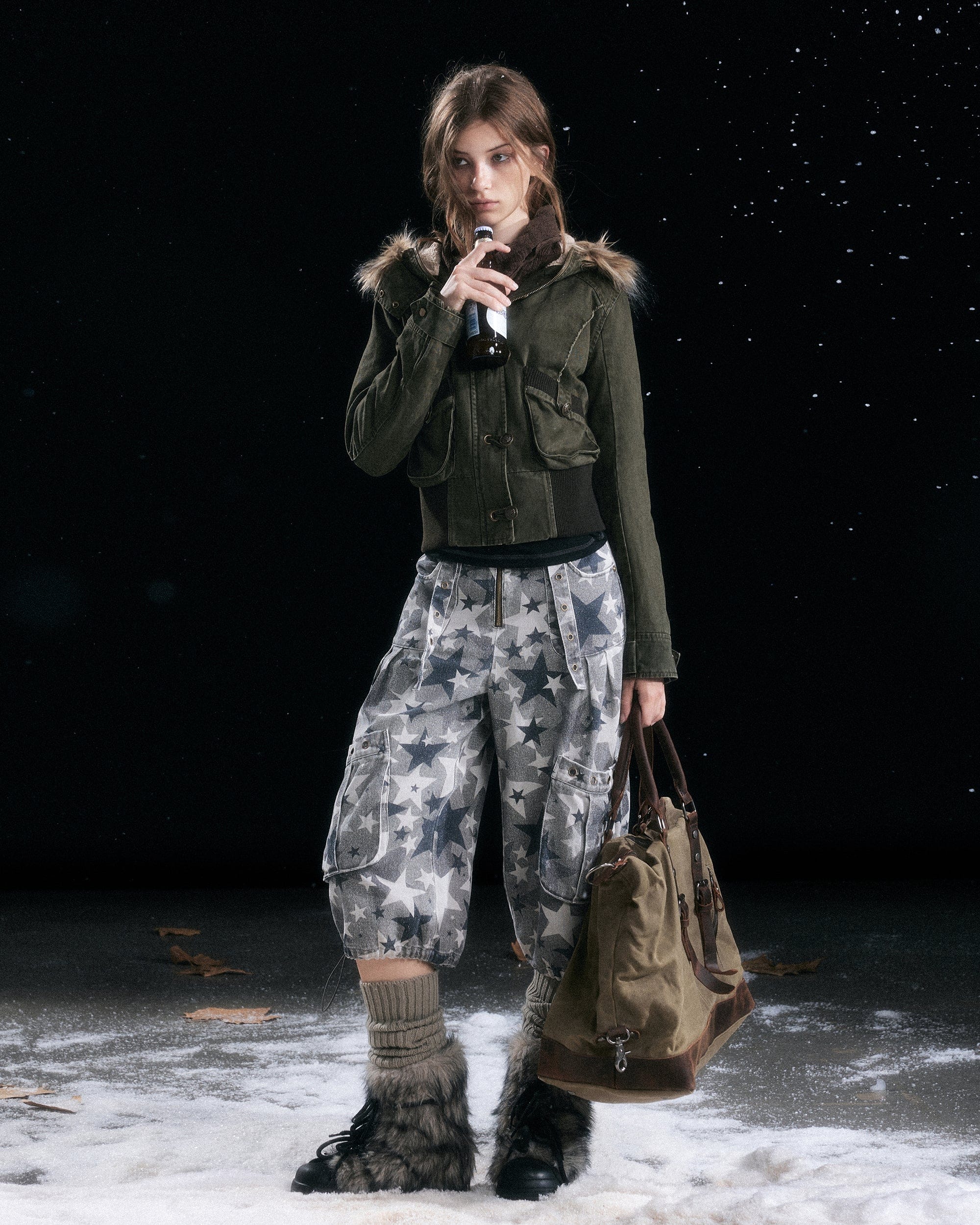 CESTNOUS Washed Star Camo Multi-Pocket Cropped Pants