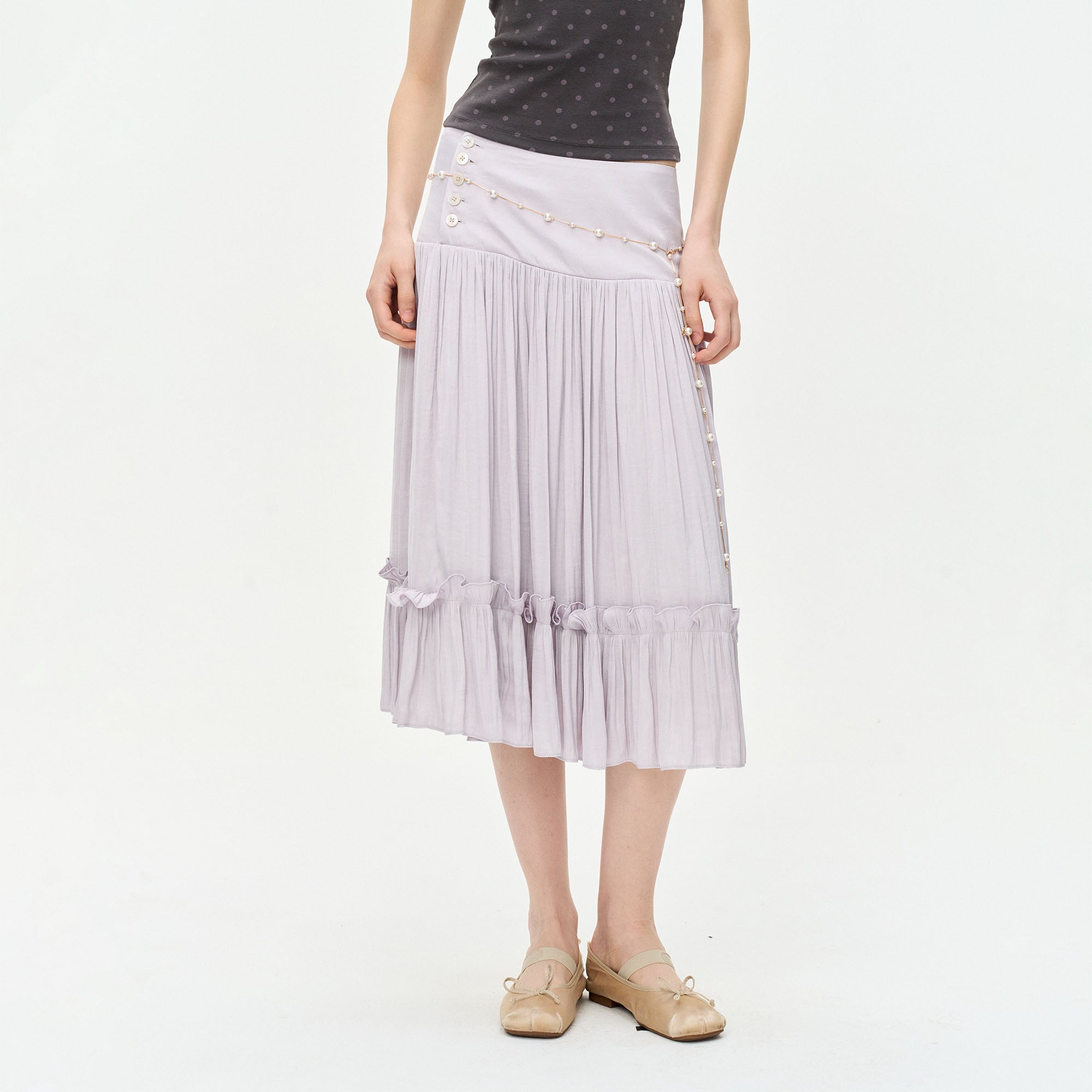 LEONSENSE Ruffle-Hem Pleated Midi Skirt
