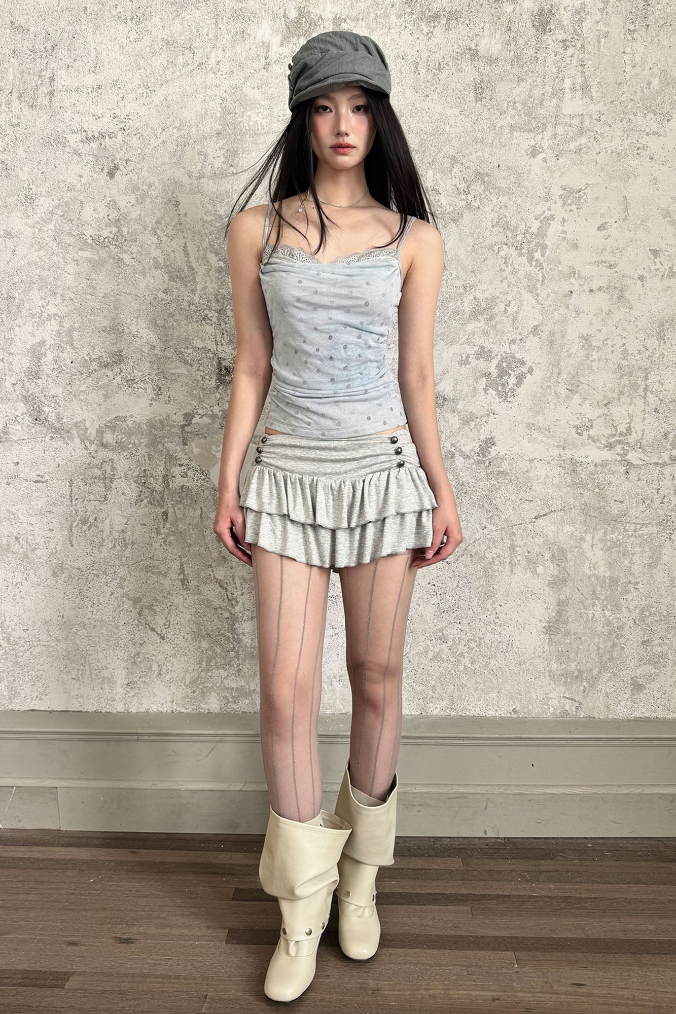 RIDK Double-Breasted Pleated Ruffle Low-Rise Mini Skirt