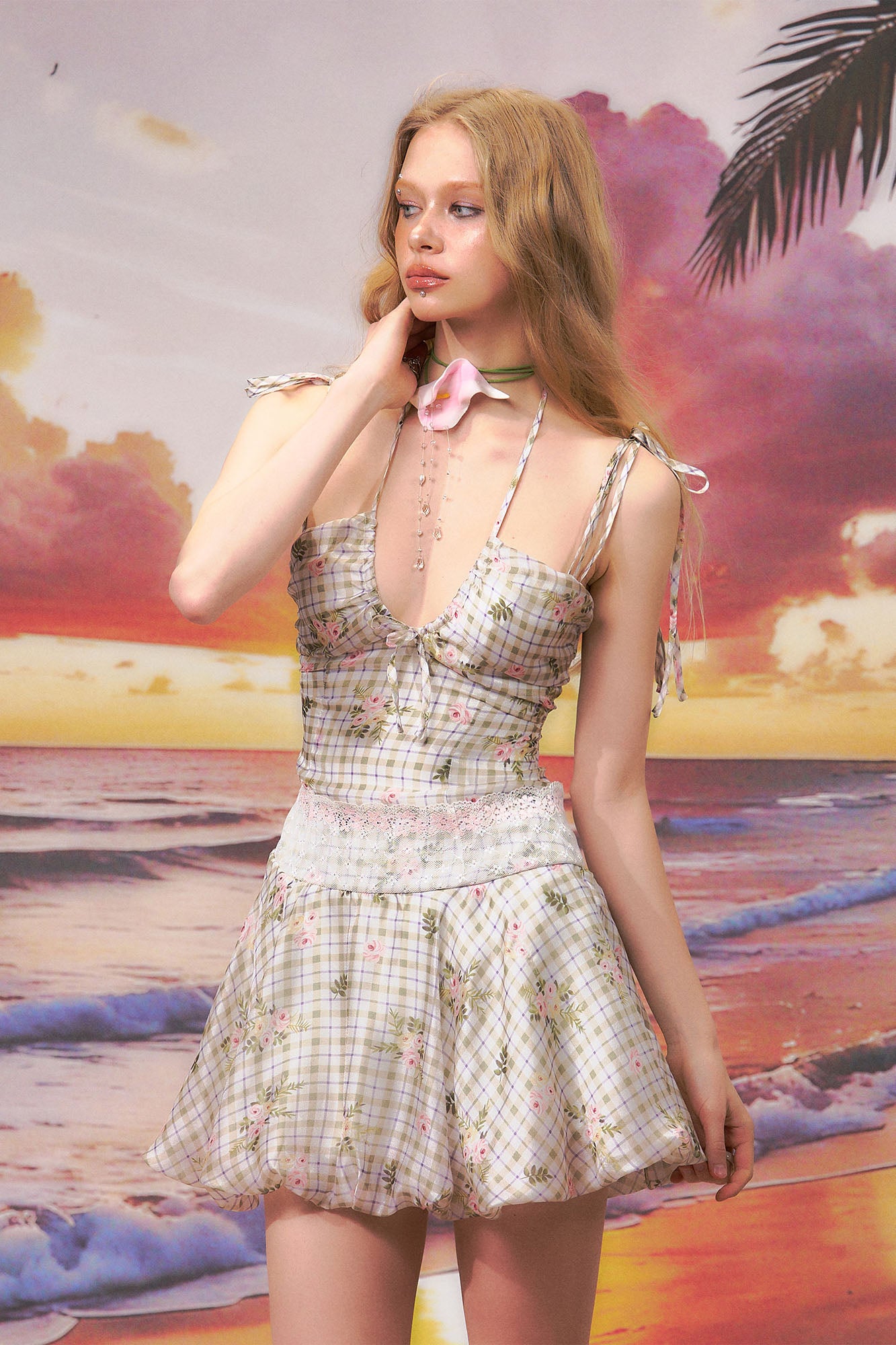 THE NEVERMORE Floral Tie-Shoulder Bubble Hem Mini Dress