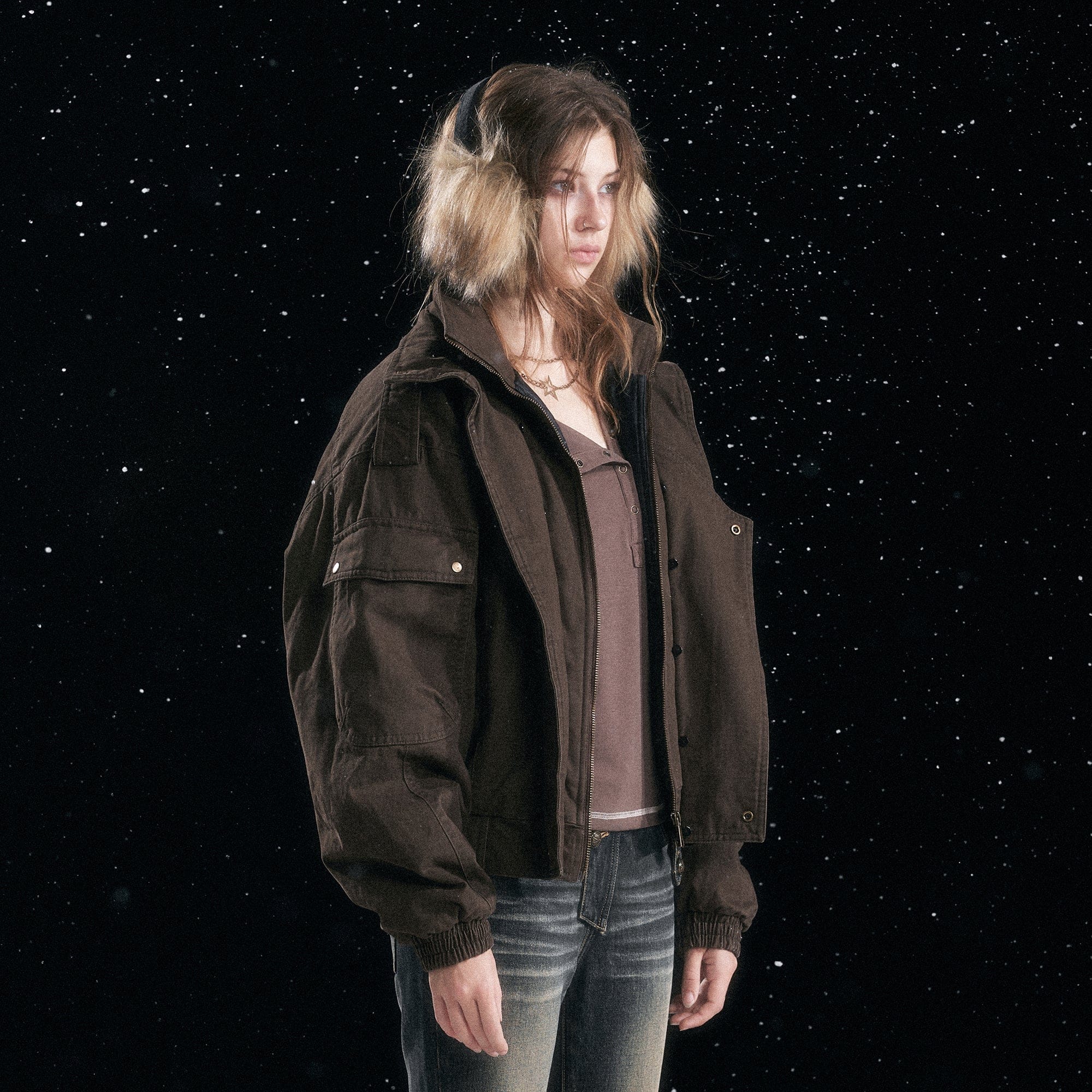 CESTNOUS Retro Detachable Faux-Fur Collar Bomber Jacket