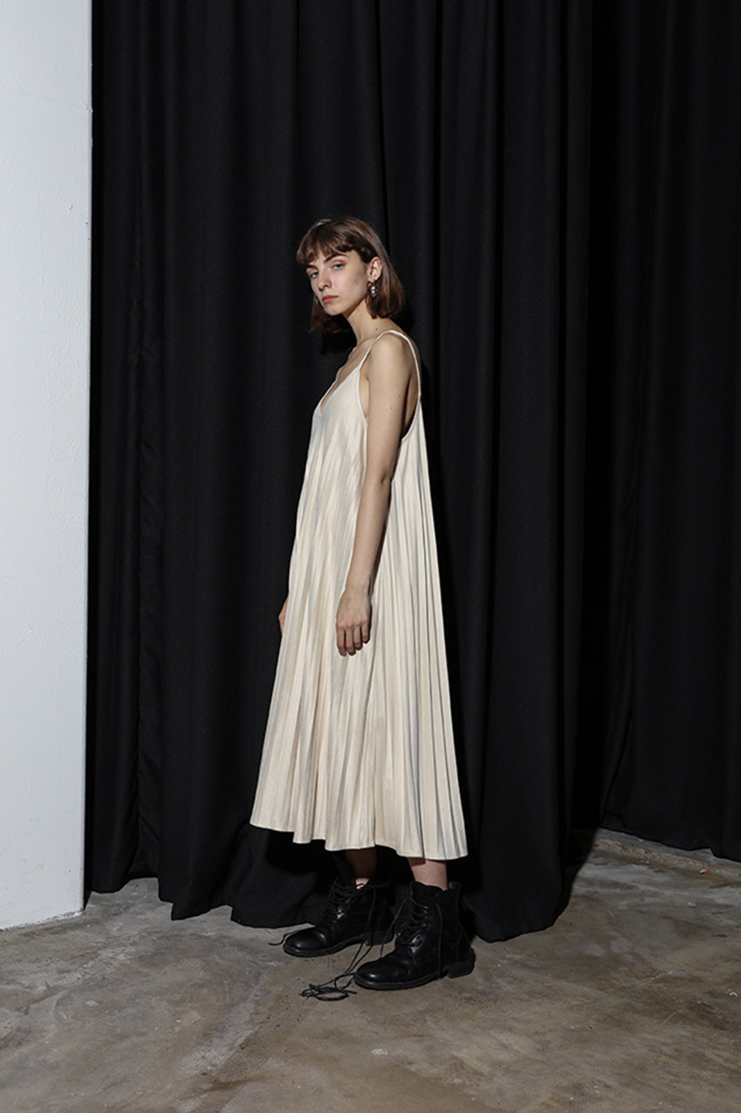 CAIRA Pleated Suede Cami Midi Dress