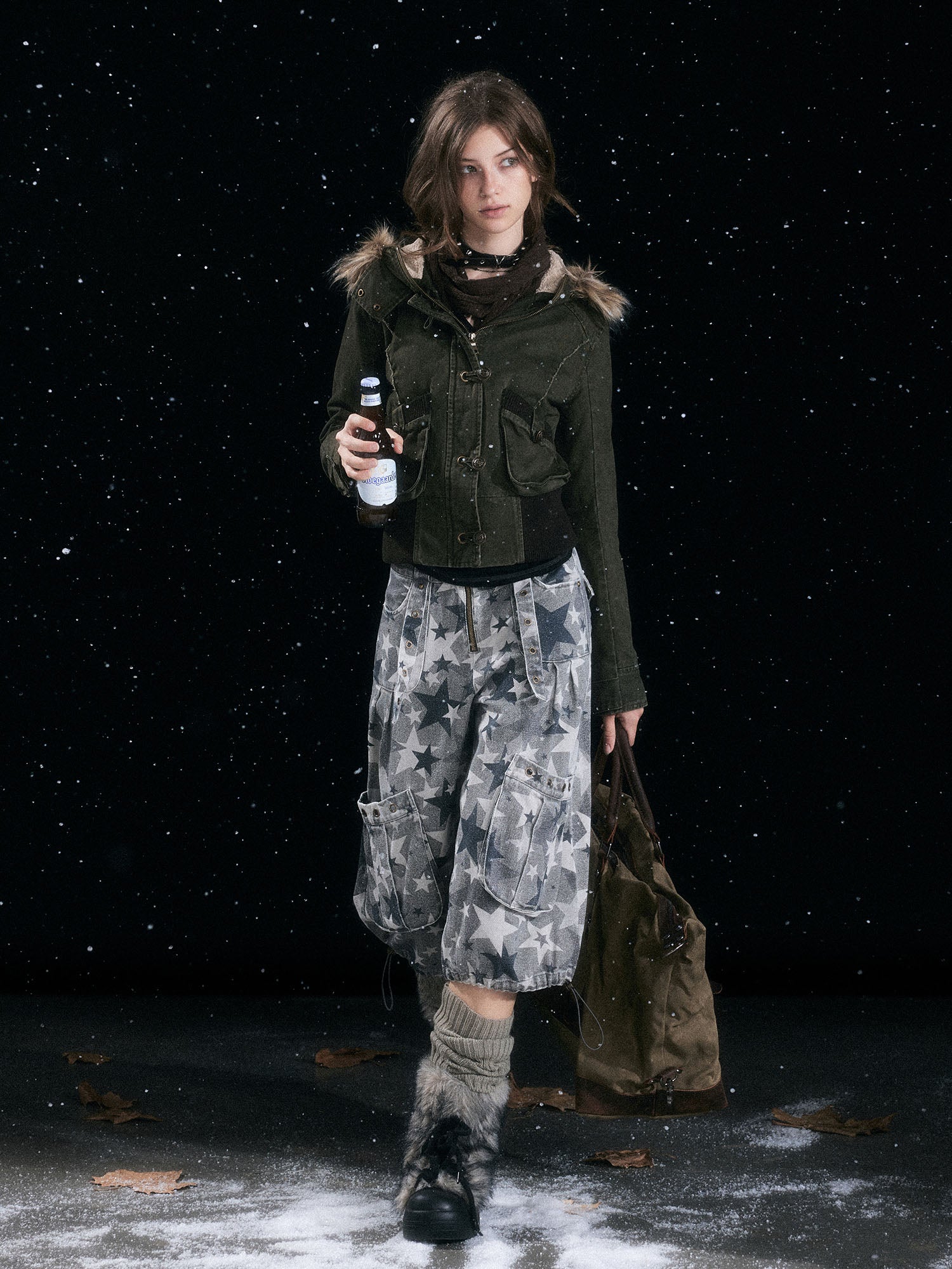 CESTNOUS Washed Military Faux-Fur Hooded Padded Jacket