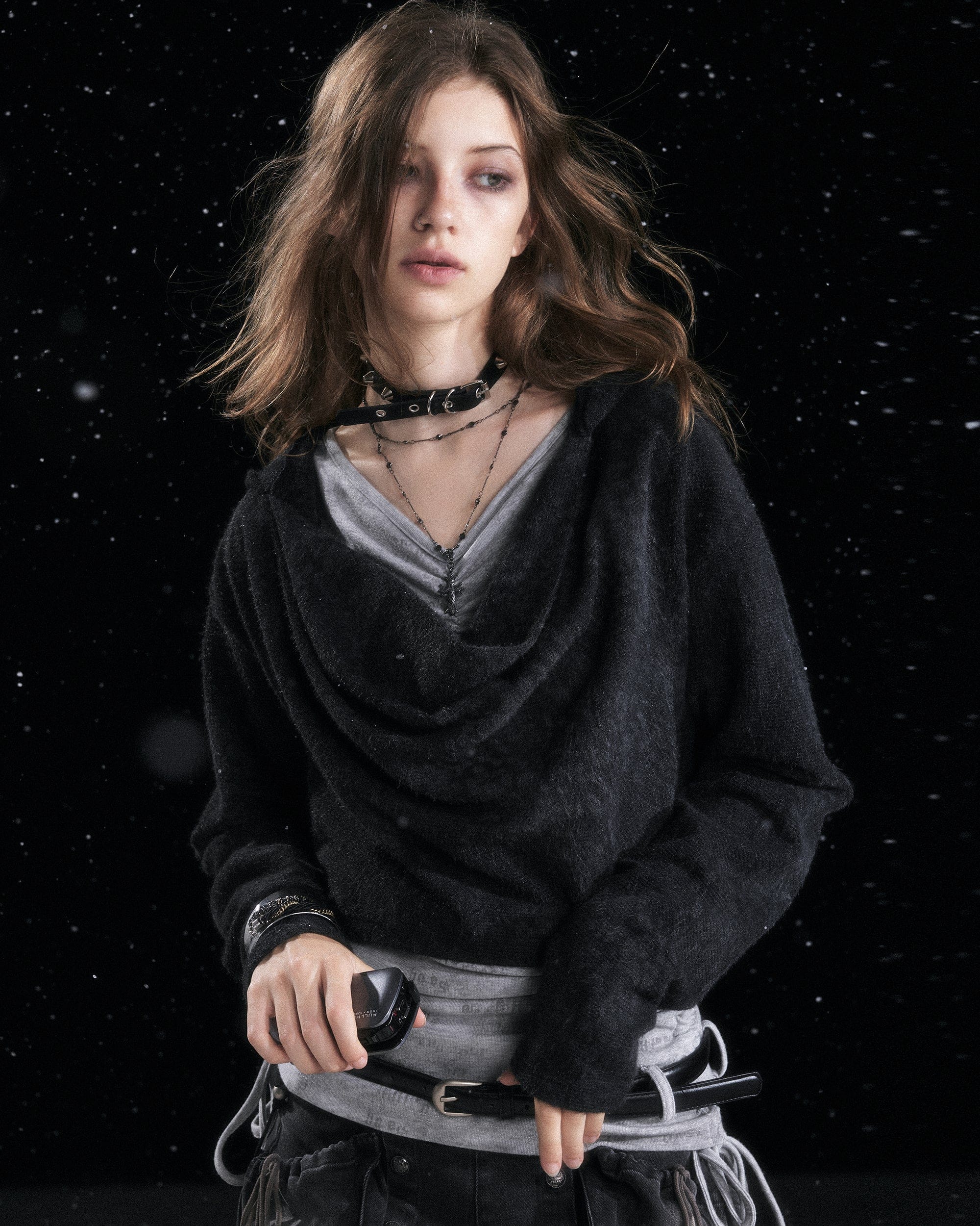 CESTNOUS Distressed Drape Layered Hooded Long-Sleeve Tee