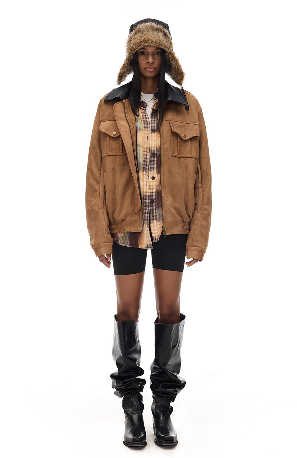 COSTUSTOOT Contrast-Collar Suede Oversized Big-Pocket Jacket