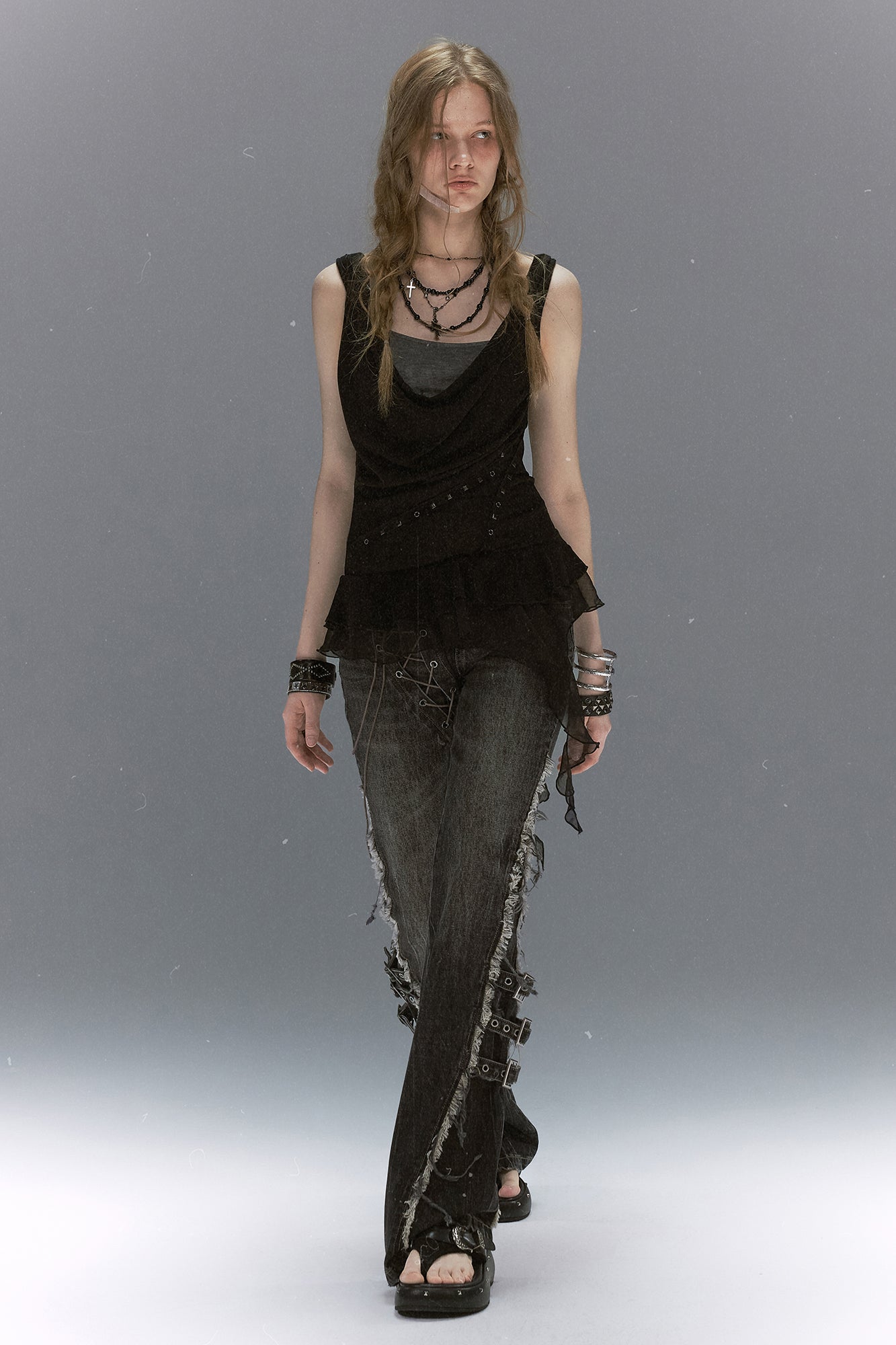 CESTNOUS Studded Lace-Up Back Ruffle-Hem Tank Top