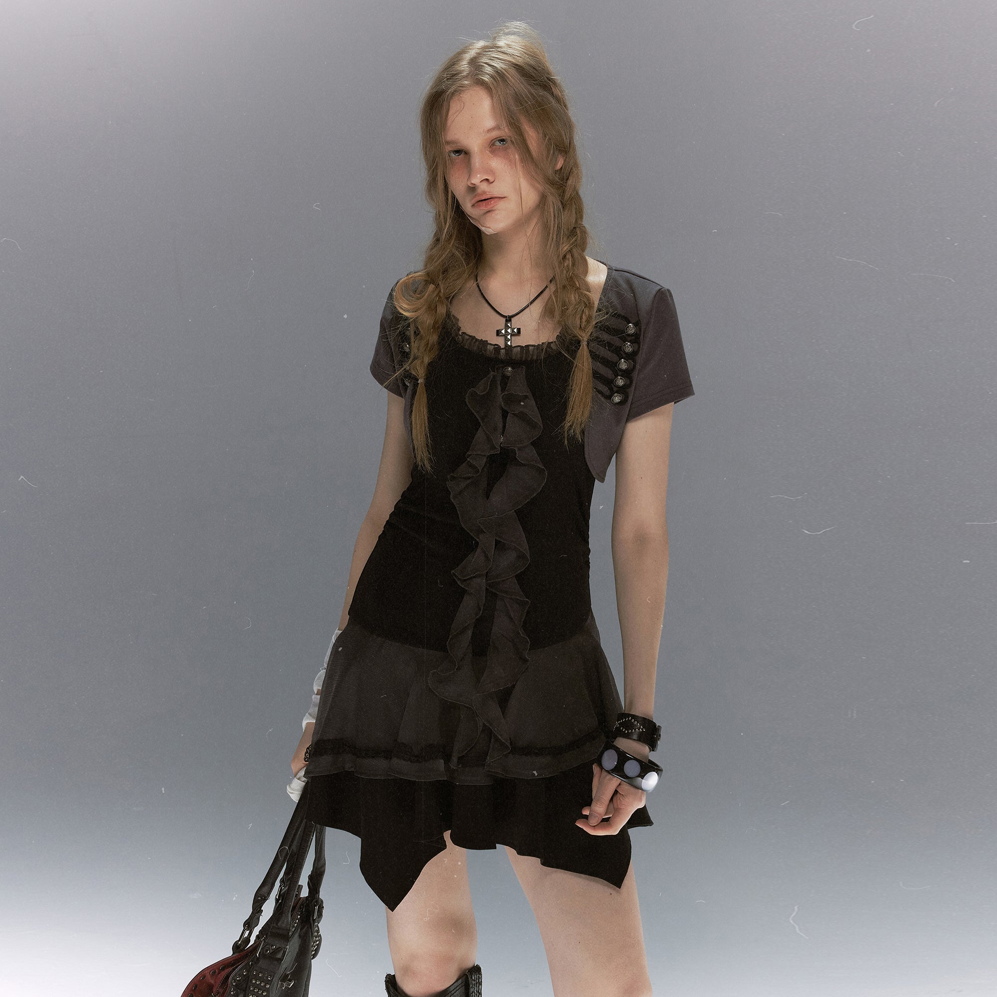 CESTNOUS Napoleon-Braid Layer Ruffle Mini Dress