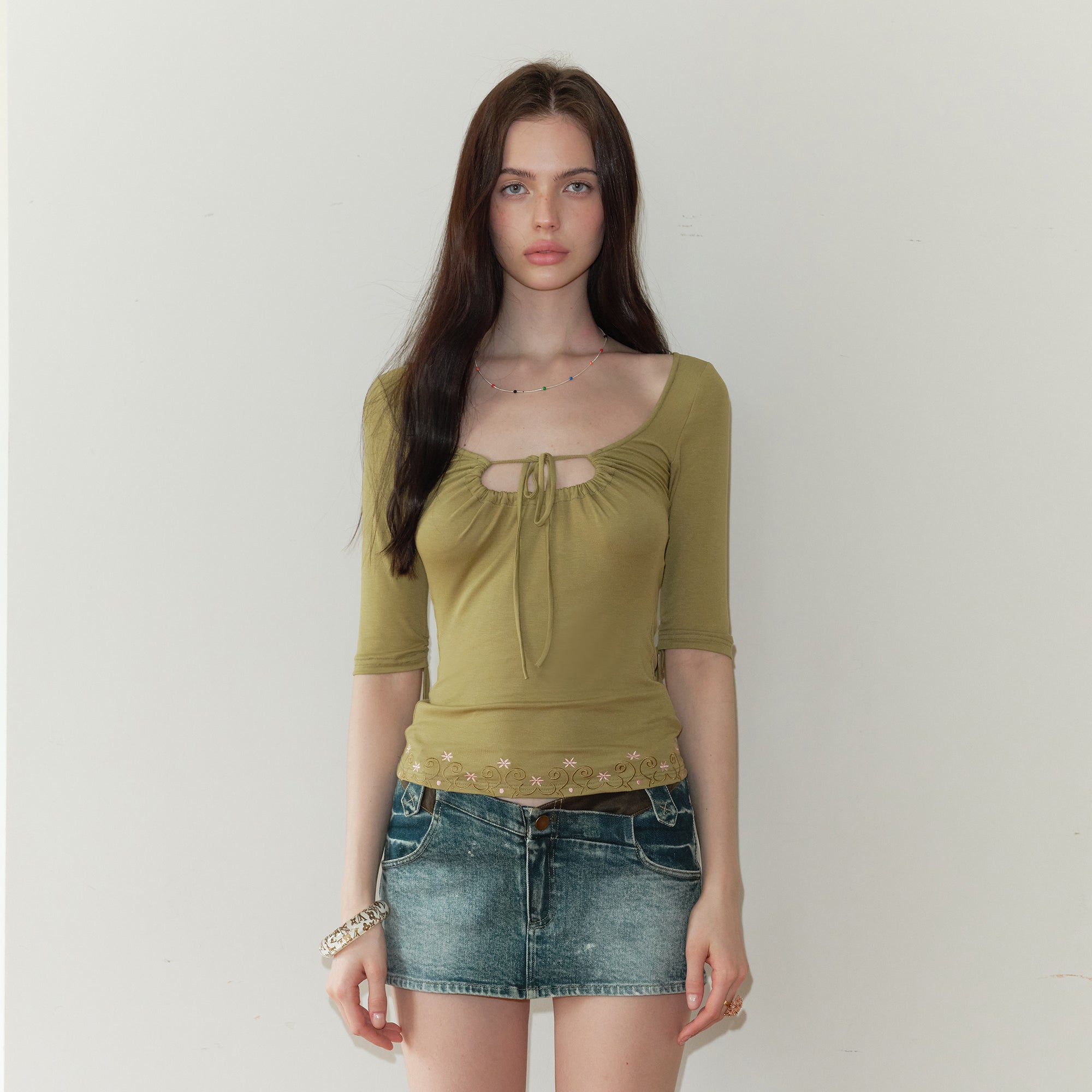 THE NEVERMORE Gathered Keyhole Ruched Embroidered Top