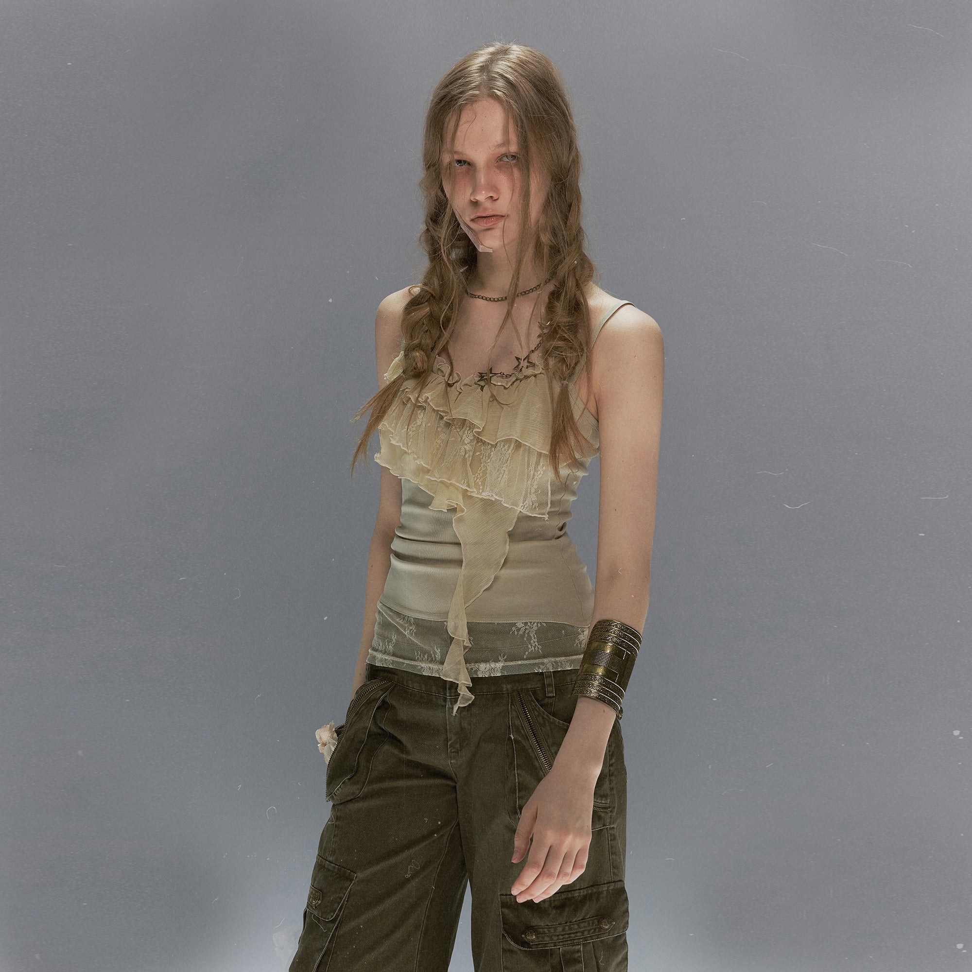 CESTNOUS Ruffled Lace Layered Beaded Camisole Top