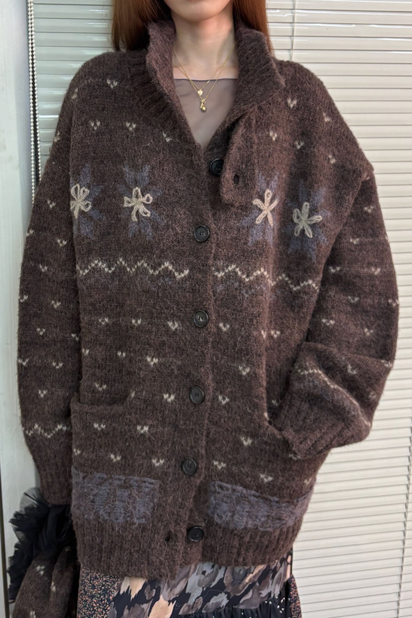 NEVERSEEZ Floral Jacquard Merino Wool-Blend Cardigan