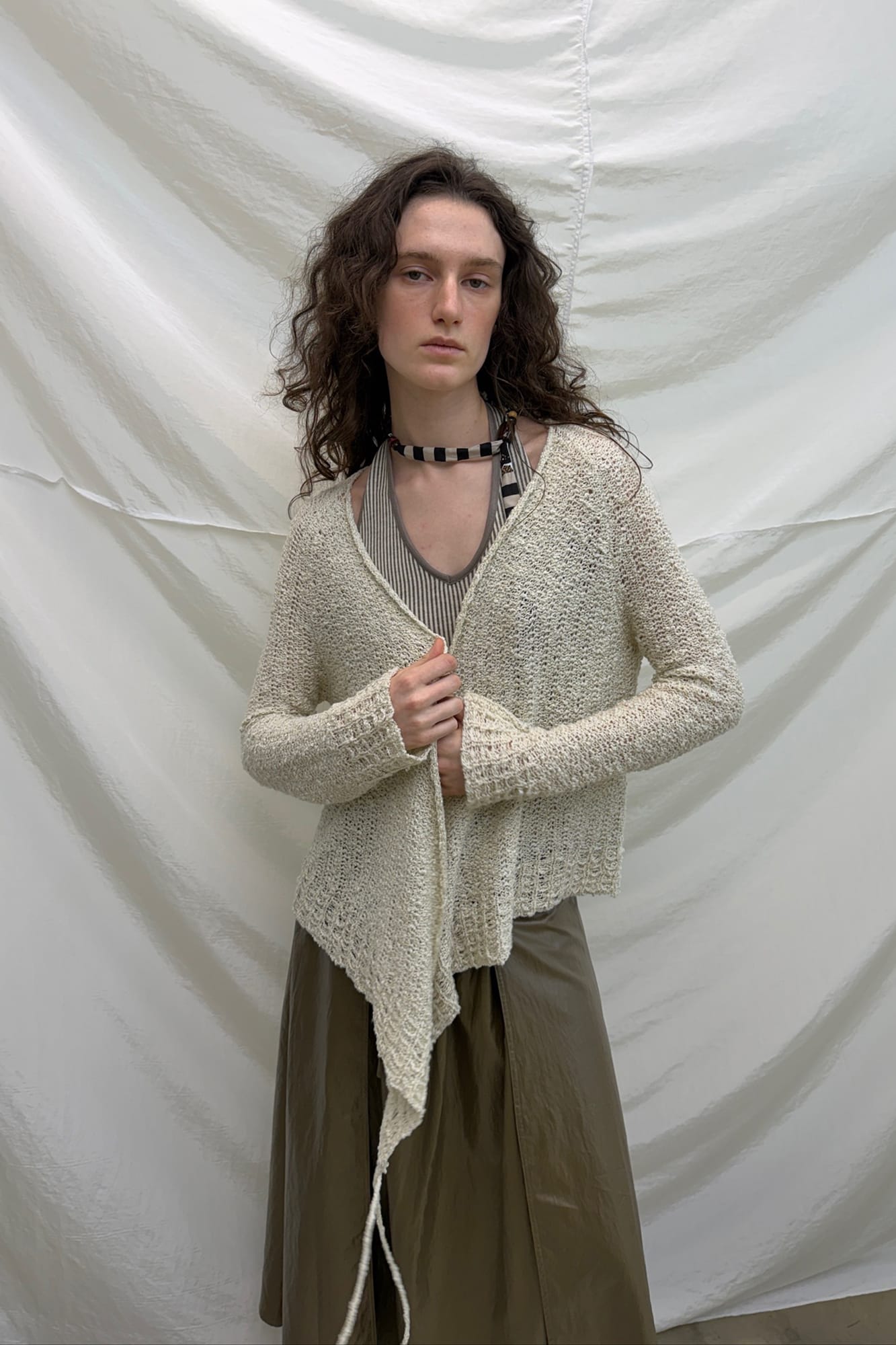 NEVERSEEZ Open-Knit Draped Wrap Cardigan