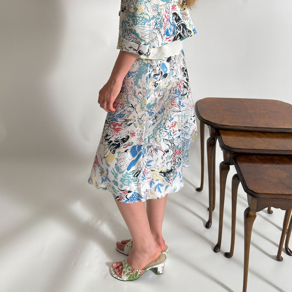 WINGFREE Retro Silk Floral Print Bias-Cut Midi Skirt
